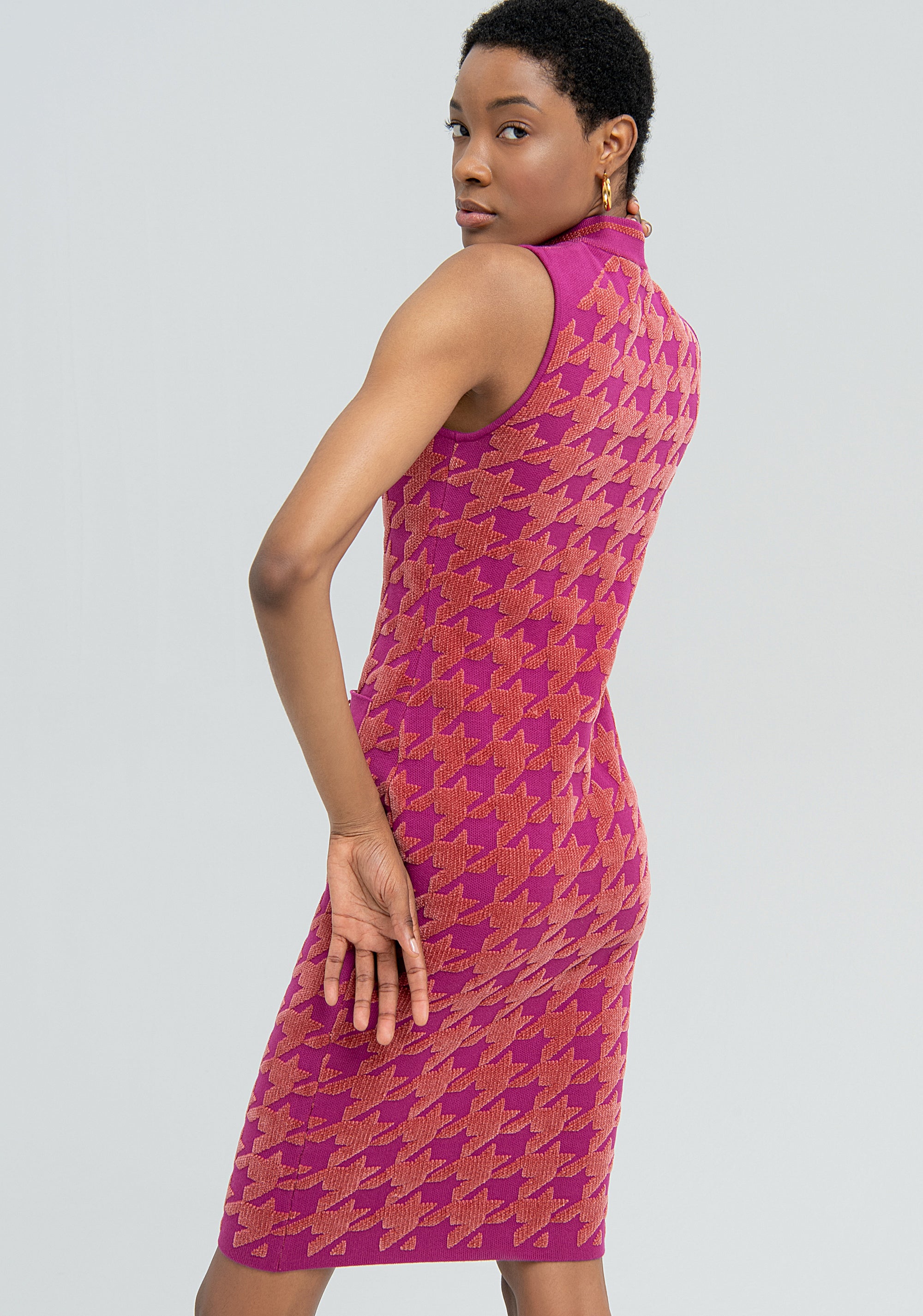 Abito slim midi in jacquard pied de poule