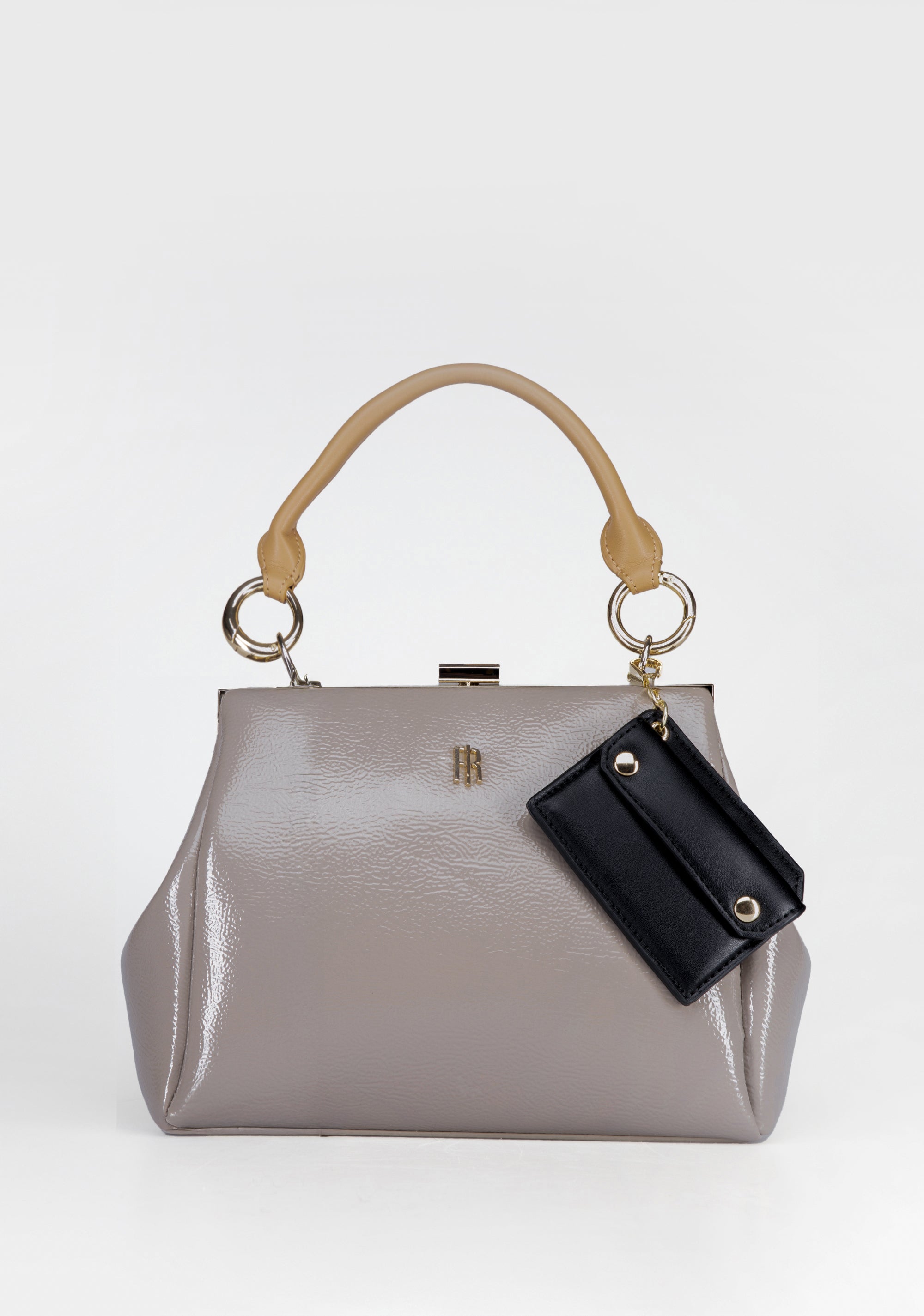 Borsa Elegante in Vernice Lucida con Chiusura a Scatto e Dettaglio Portachiavi