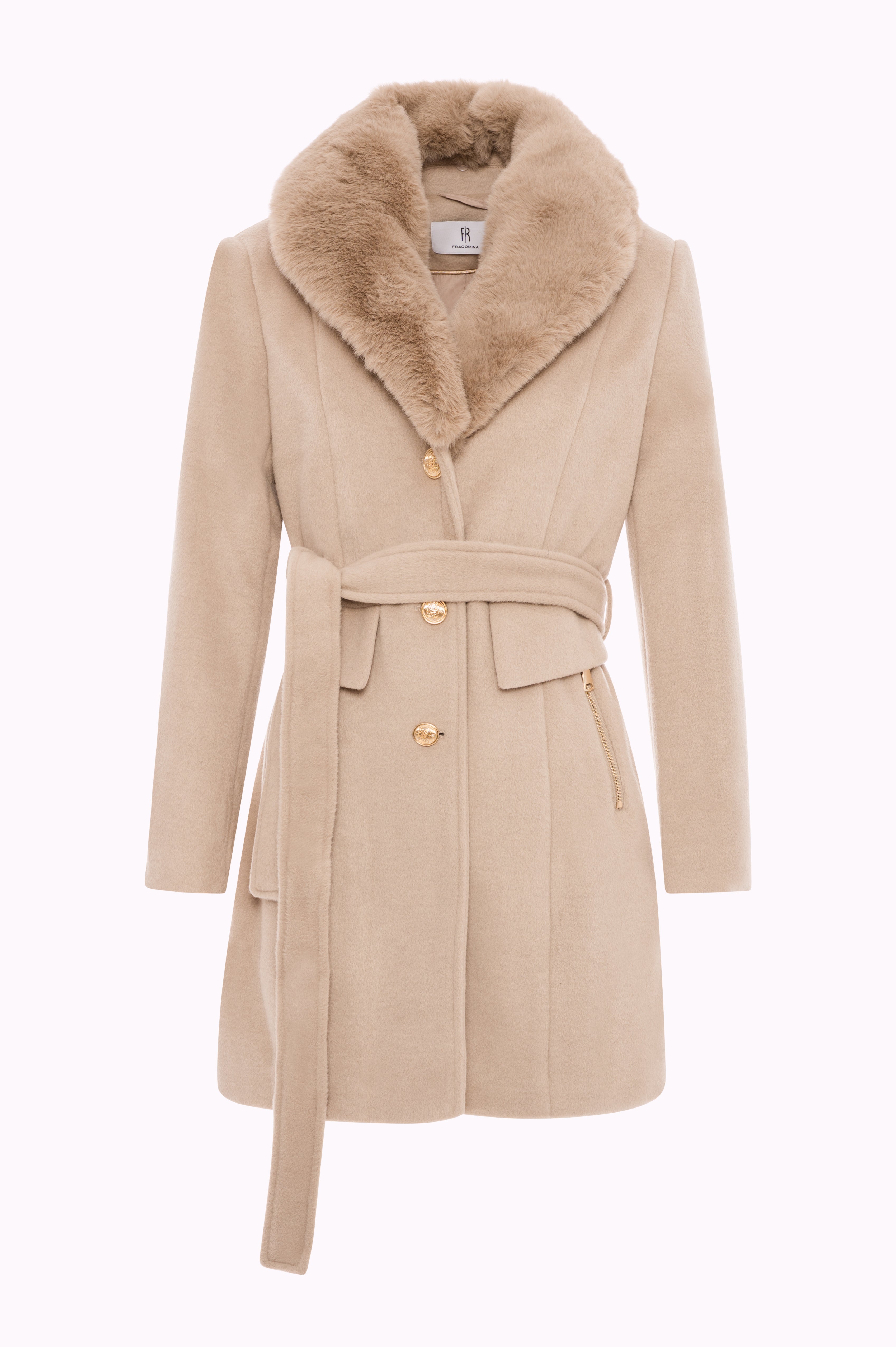 Cappotto Corto con Collo in Pelliccia Sintetica e Cintura FI25WC1003W48601 FRACOMINA