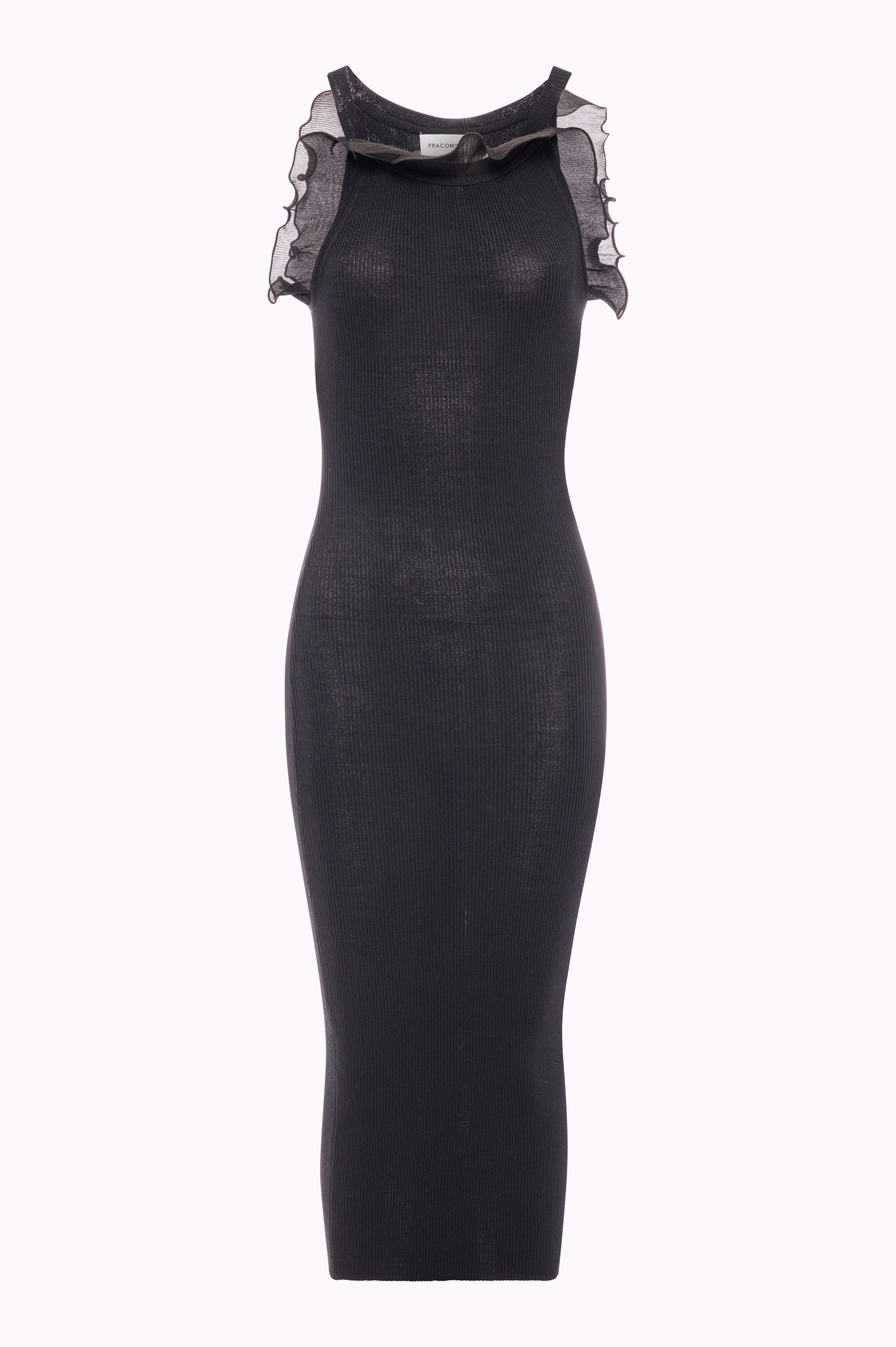 Abito Midi in Maglia Aderente con Volant in Tulle