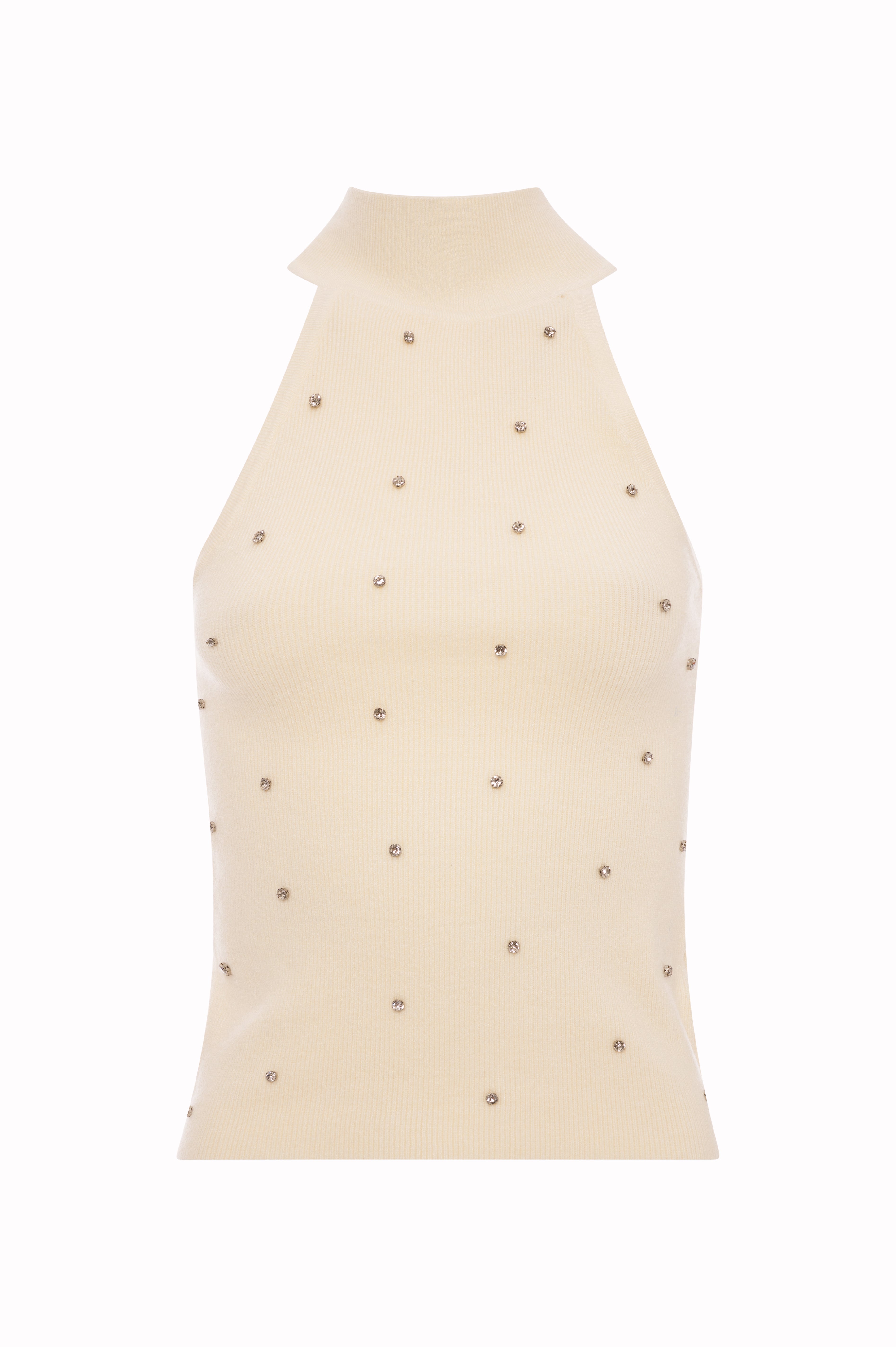 Top Scollo all'Americana in Maglia a Coste con Strass
