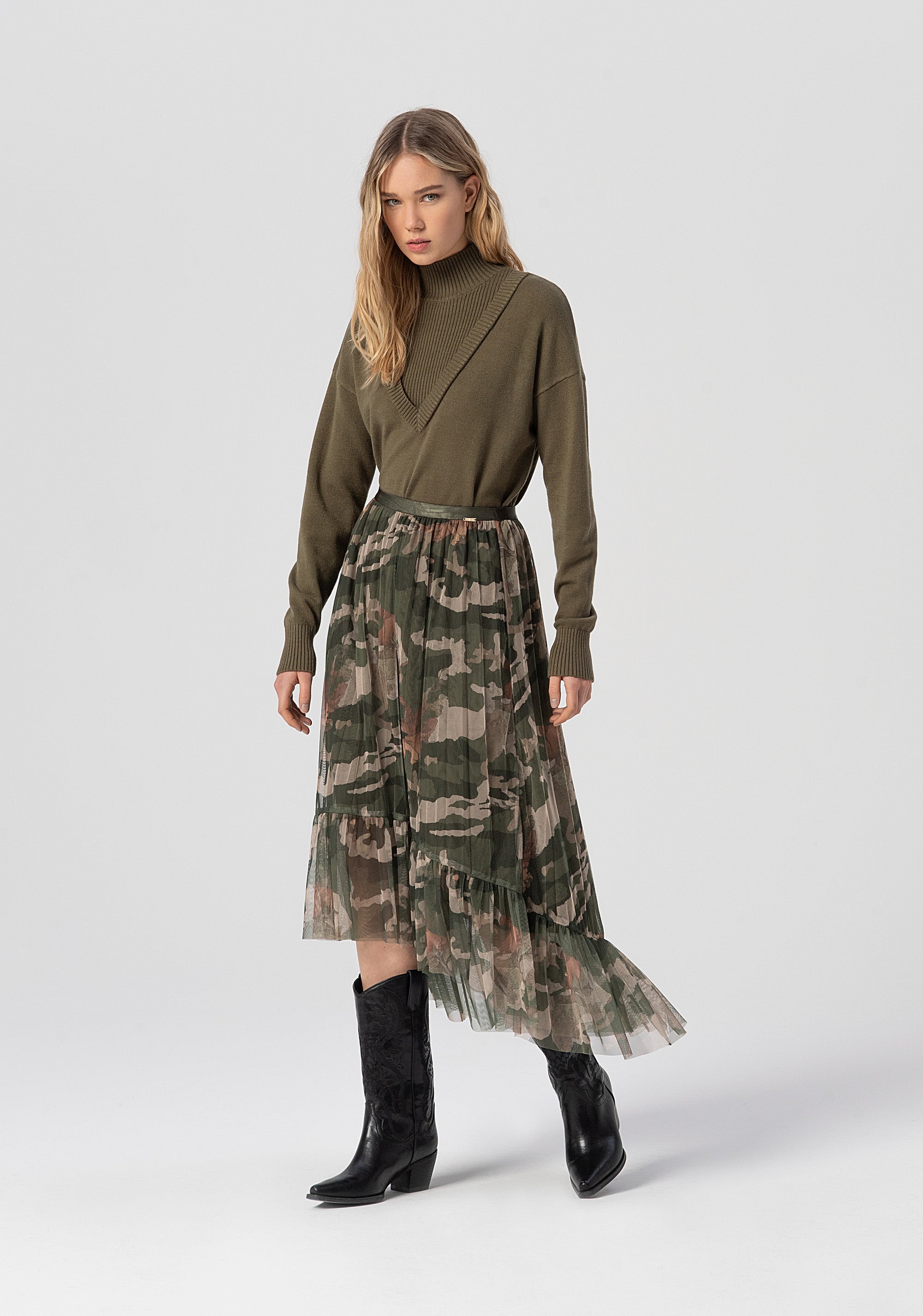 Gonna svasata midi in georgette con stampa mimetica FJ25WG2003W529B7-T72 Fracomina