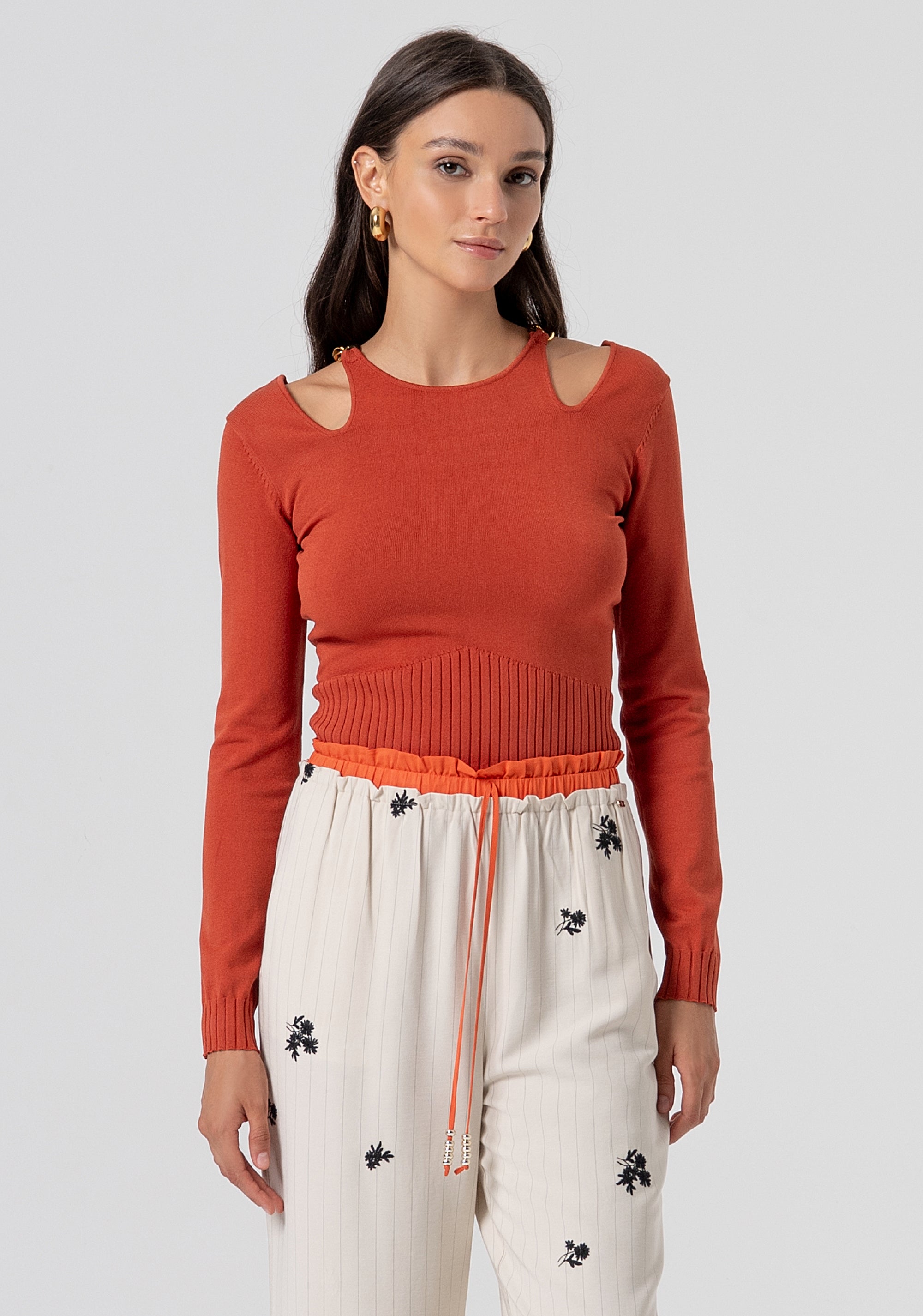 Pantalone wide a palazzo in tessuto gessato con fiori FJ26SV3003W426E5-790 Fracomina