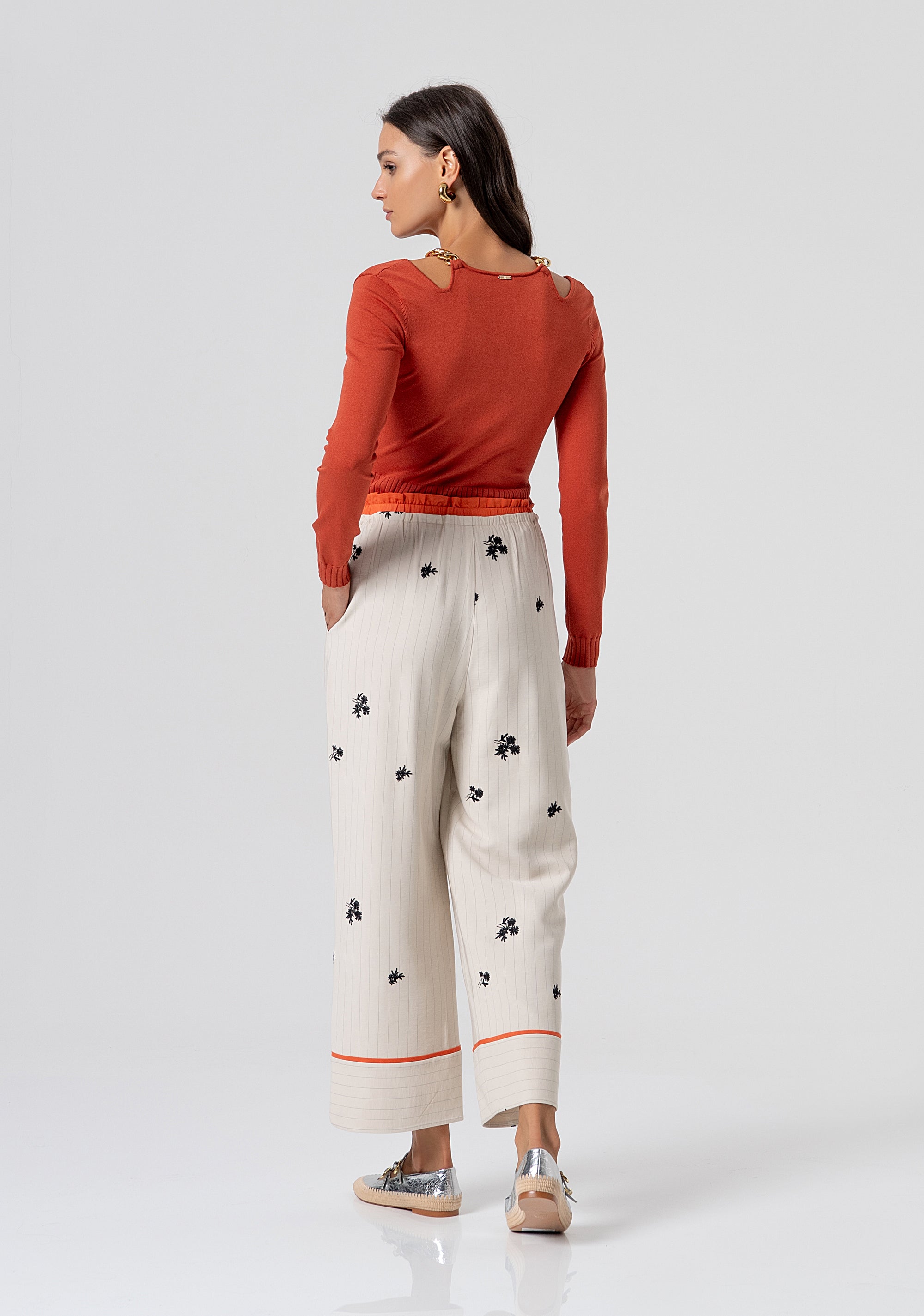 Pantalone wide a palazzo in tessuto gessato con fiori FJ26SV3003W426E5-790 Fracomina