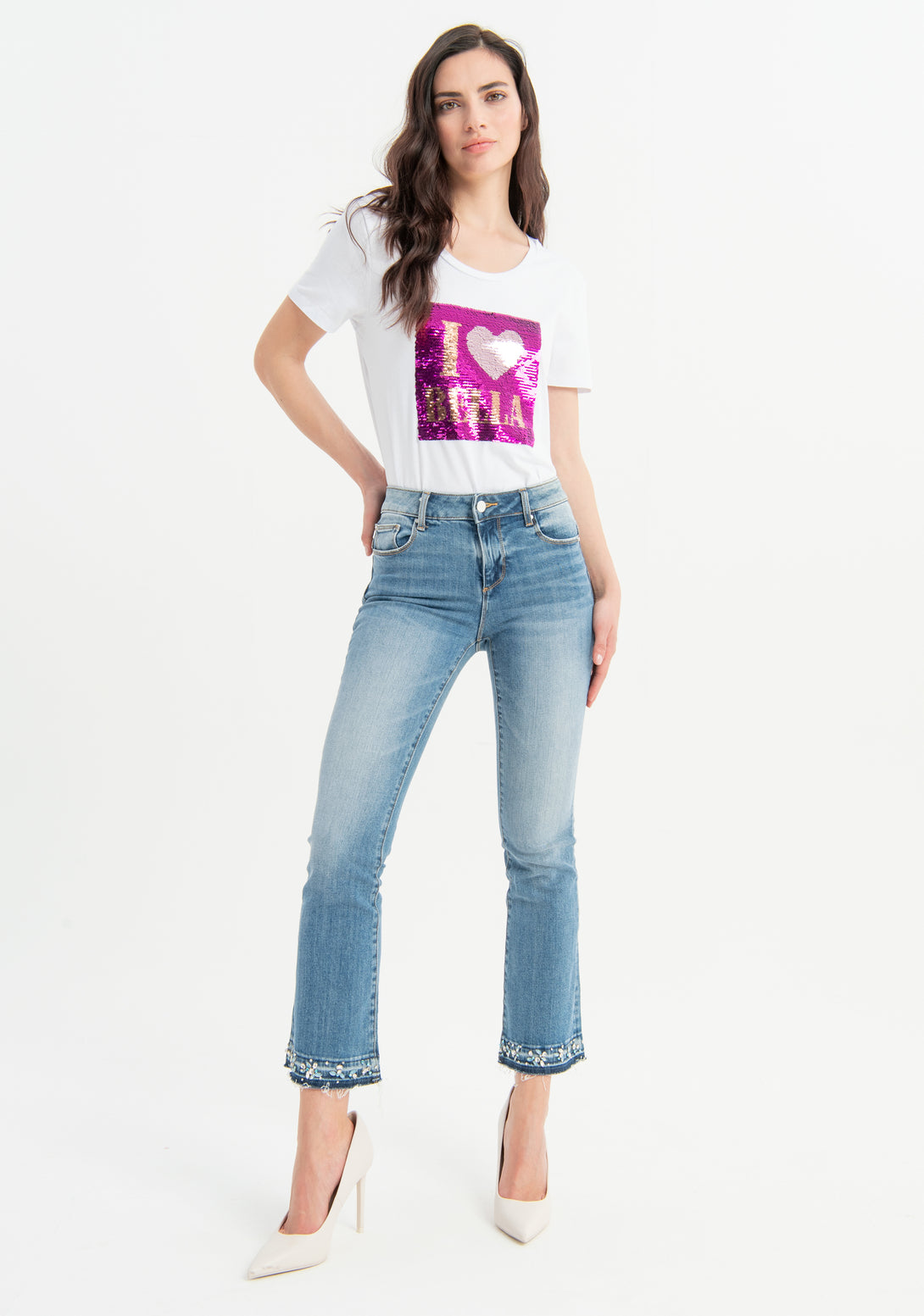 Jeans bootcut cropped in denim con lavaggio medio FP23SV8030D40102 FRACOMINA