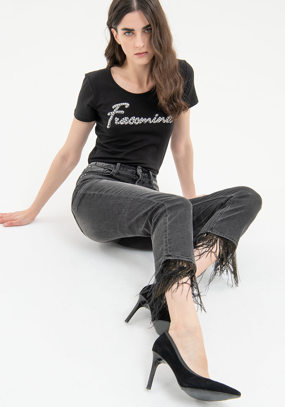 Jeans regular cropped in denim nero con lavaggio medio FP23WV9001D40104 Fracomina