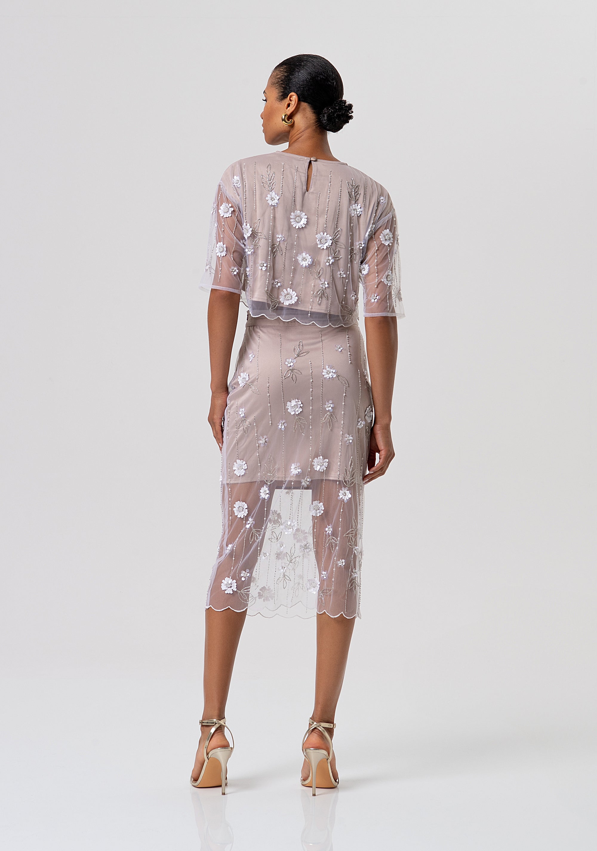 Gonna a tubino slim midi in tulle con fiori e paillettes FQ26SG2003W425E5-050 Fracomina