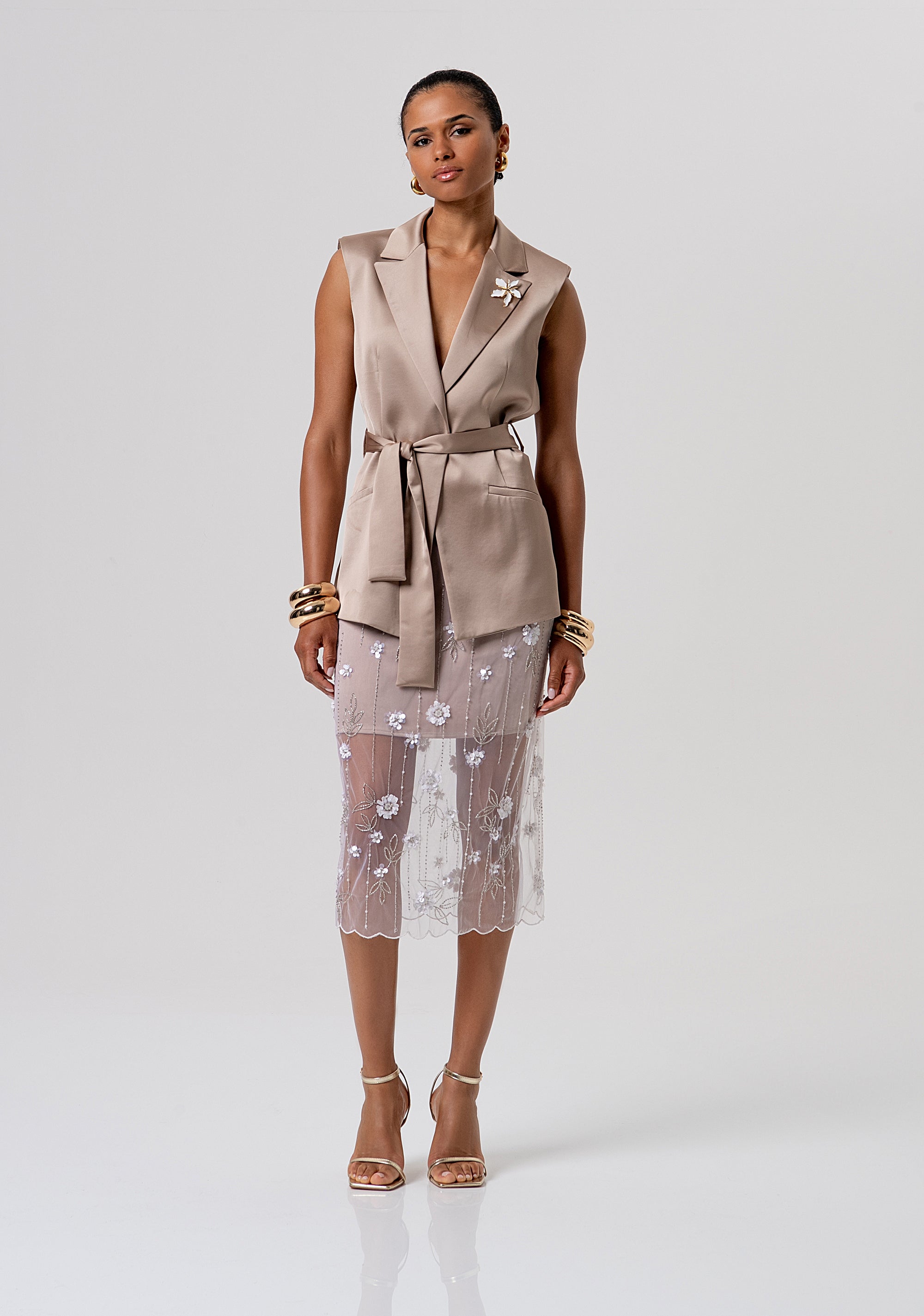 Gonna a tubino slim midi in tulle con fiori e paillettes FQ26SG2003W425E5-050 Fracomina