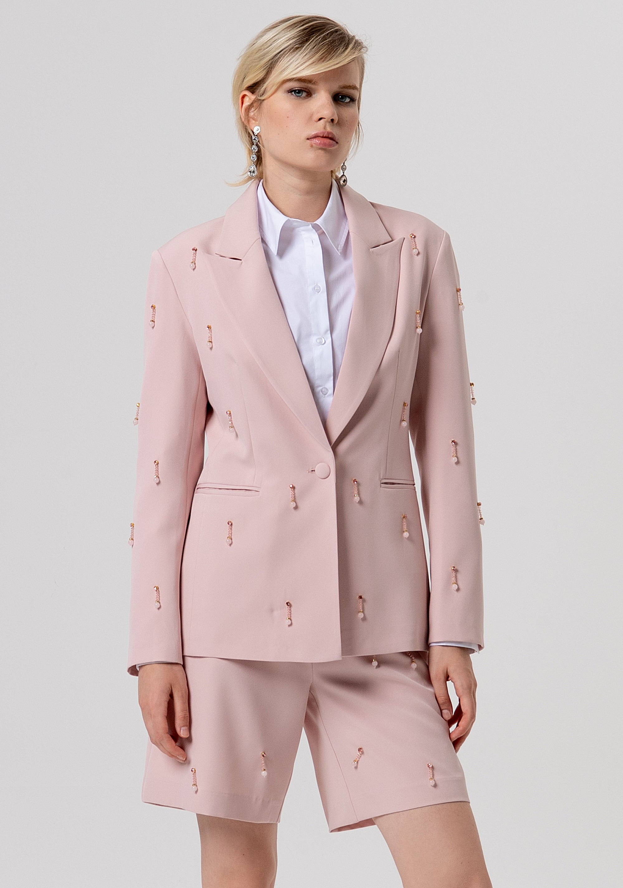 Blazer regular monopetto in tessuto con applicazioni gioiello