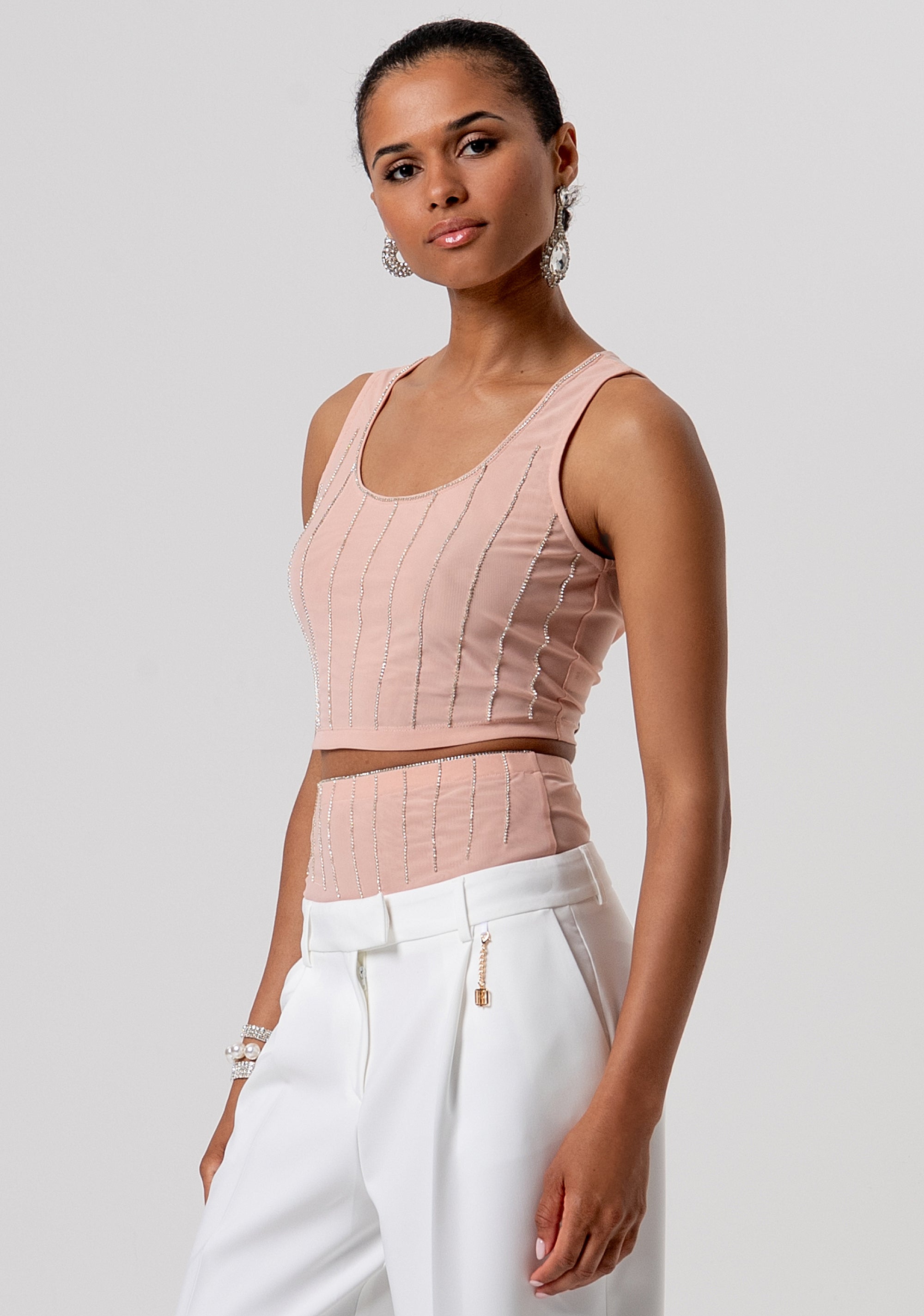 Top senza maniche cropped con strass