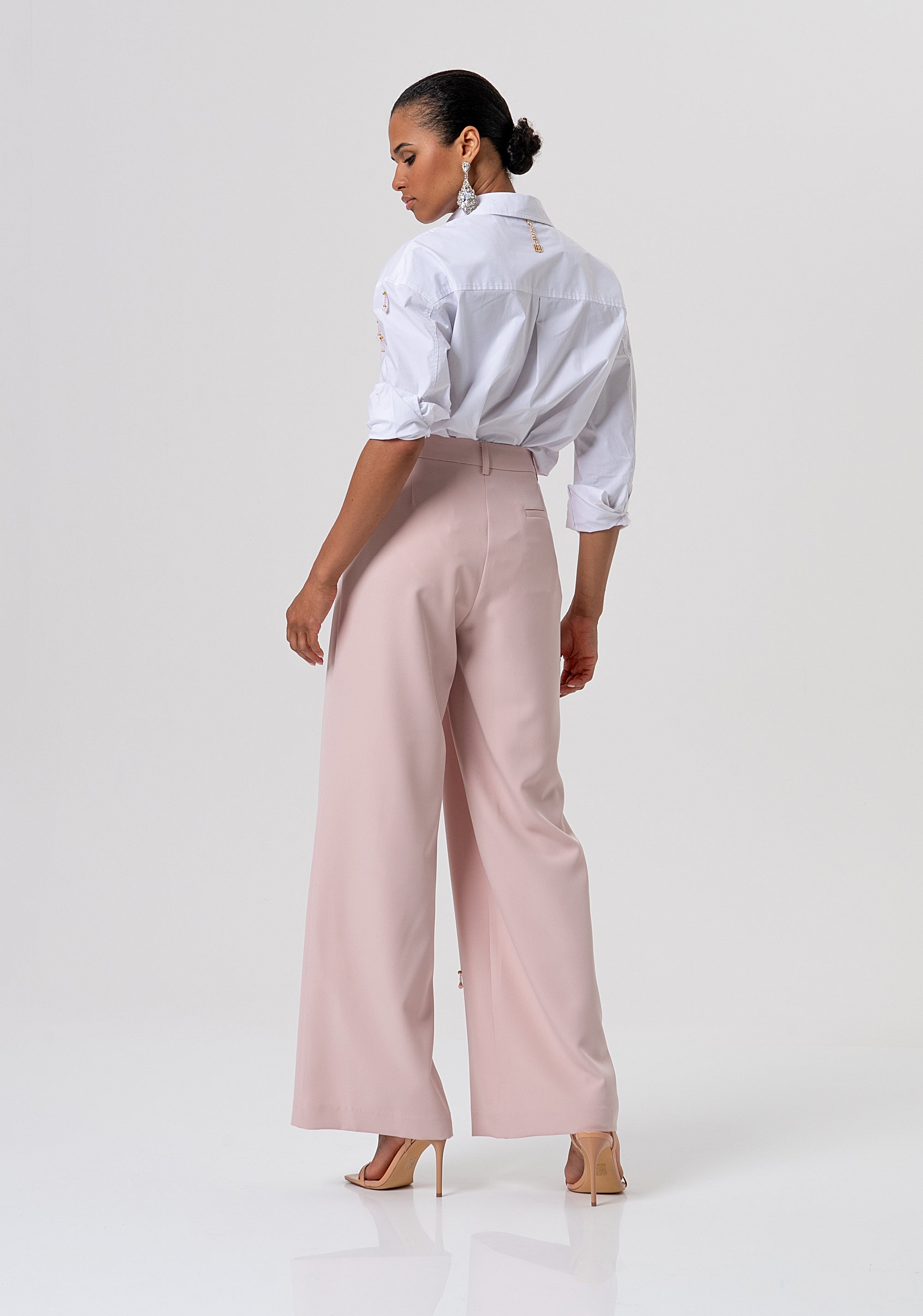 Pantalone flare a palazzo in tessuto con applicazioni gioiello