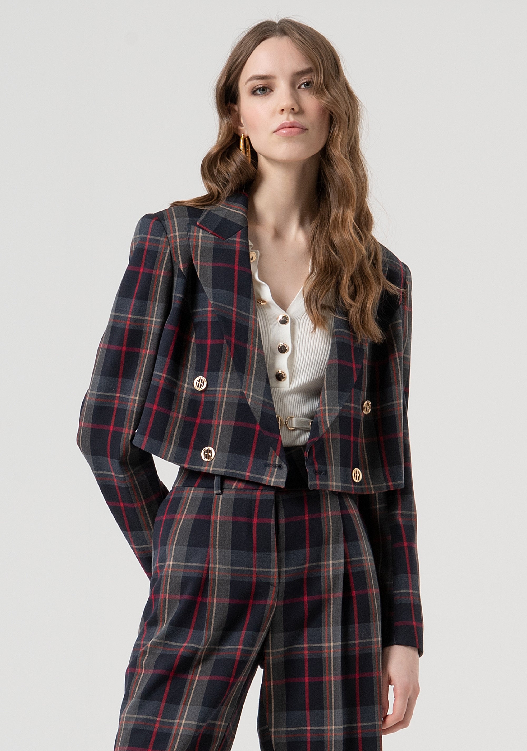 Blazer cropped doppiopetto in fantasia tartan FR25WJ1003W45995-T62 Fracomina