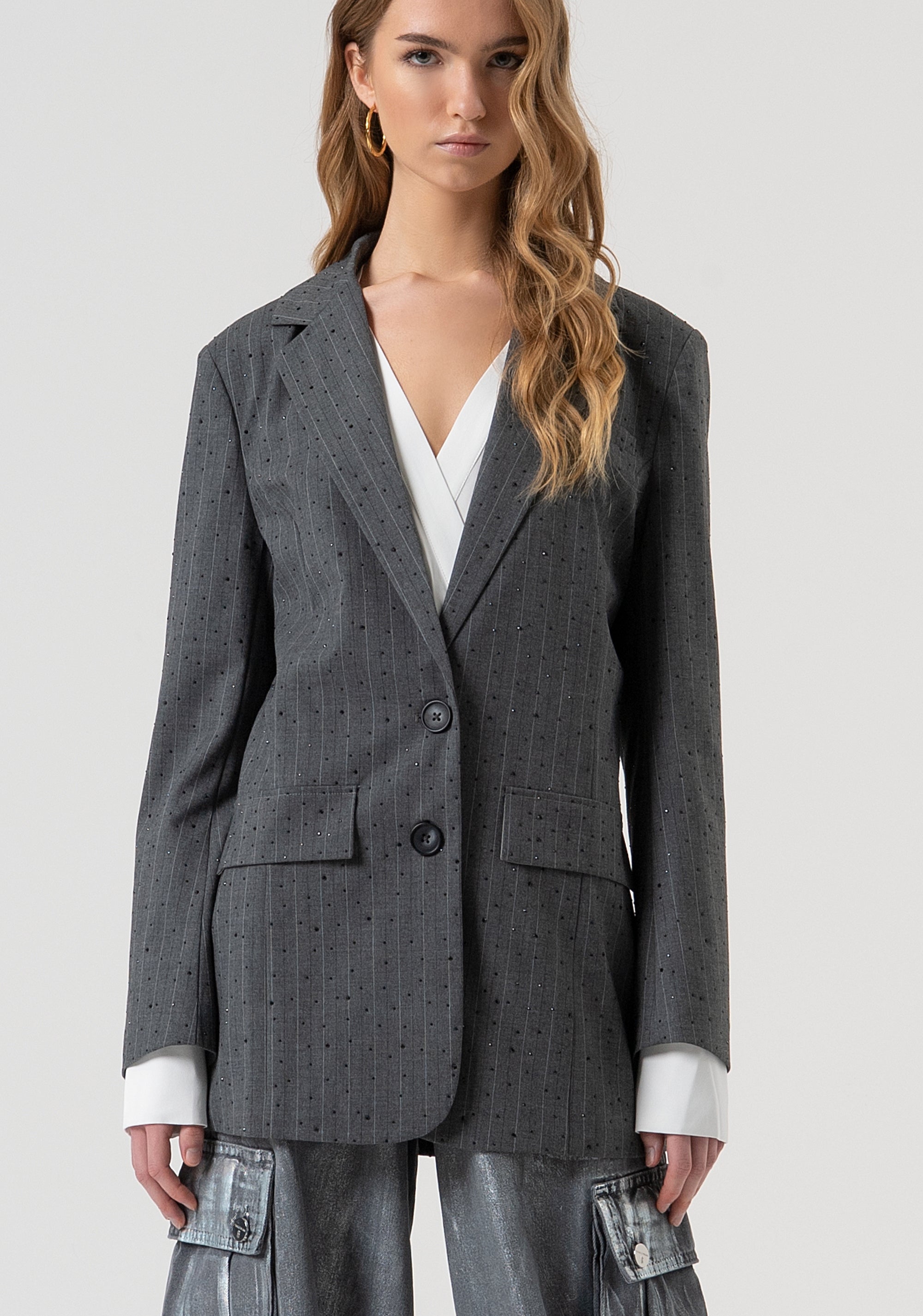 Blazer regular lungo monopetto gessato con strass FR25WJ3011W459D4-121 Fracomina