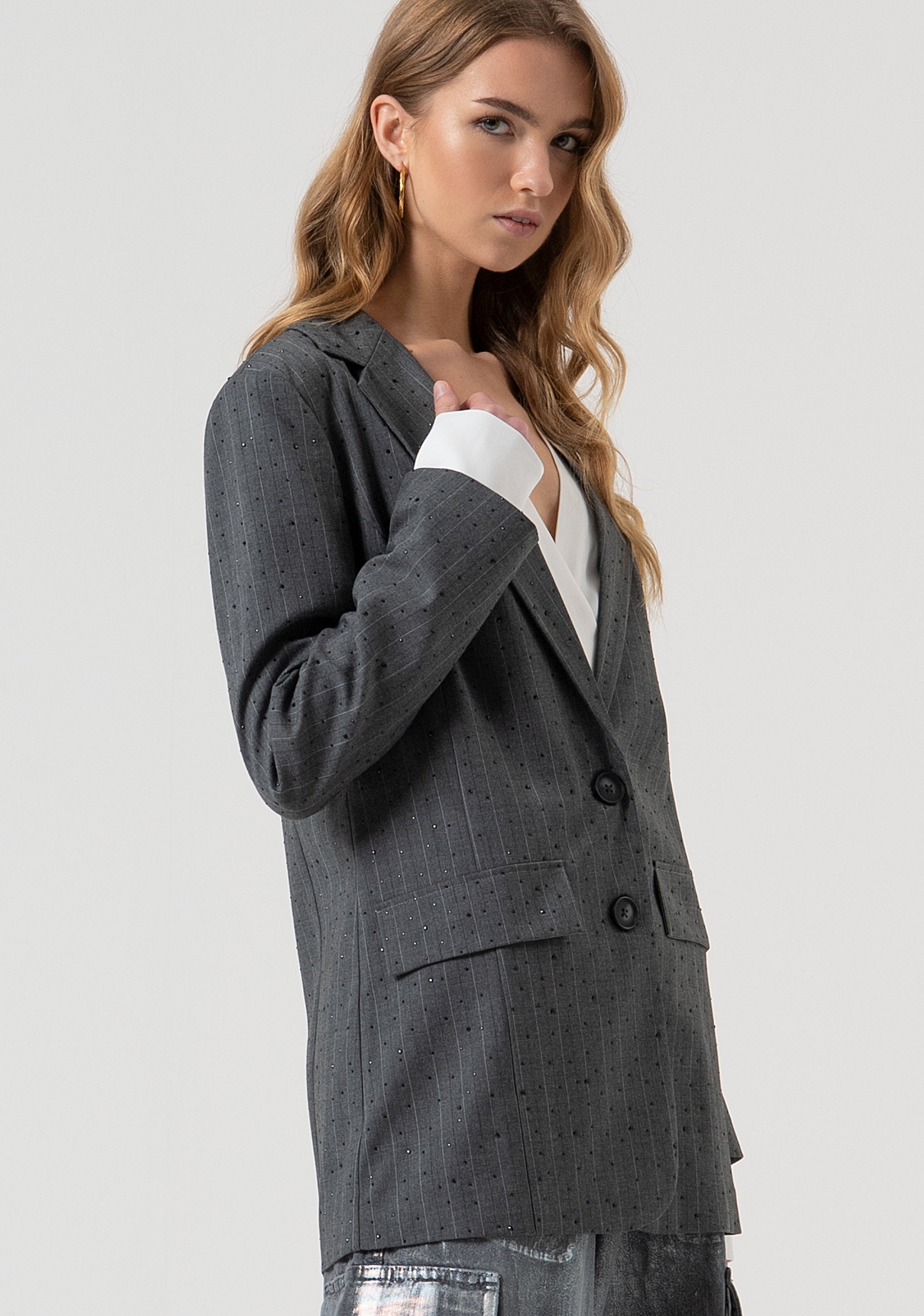 Blazer regular lungo monopetto gessato con strass FR25WJ3011W459D4-121 Fracomina