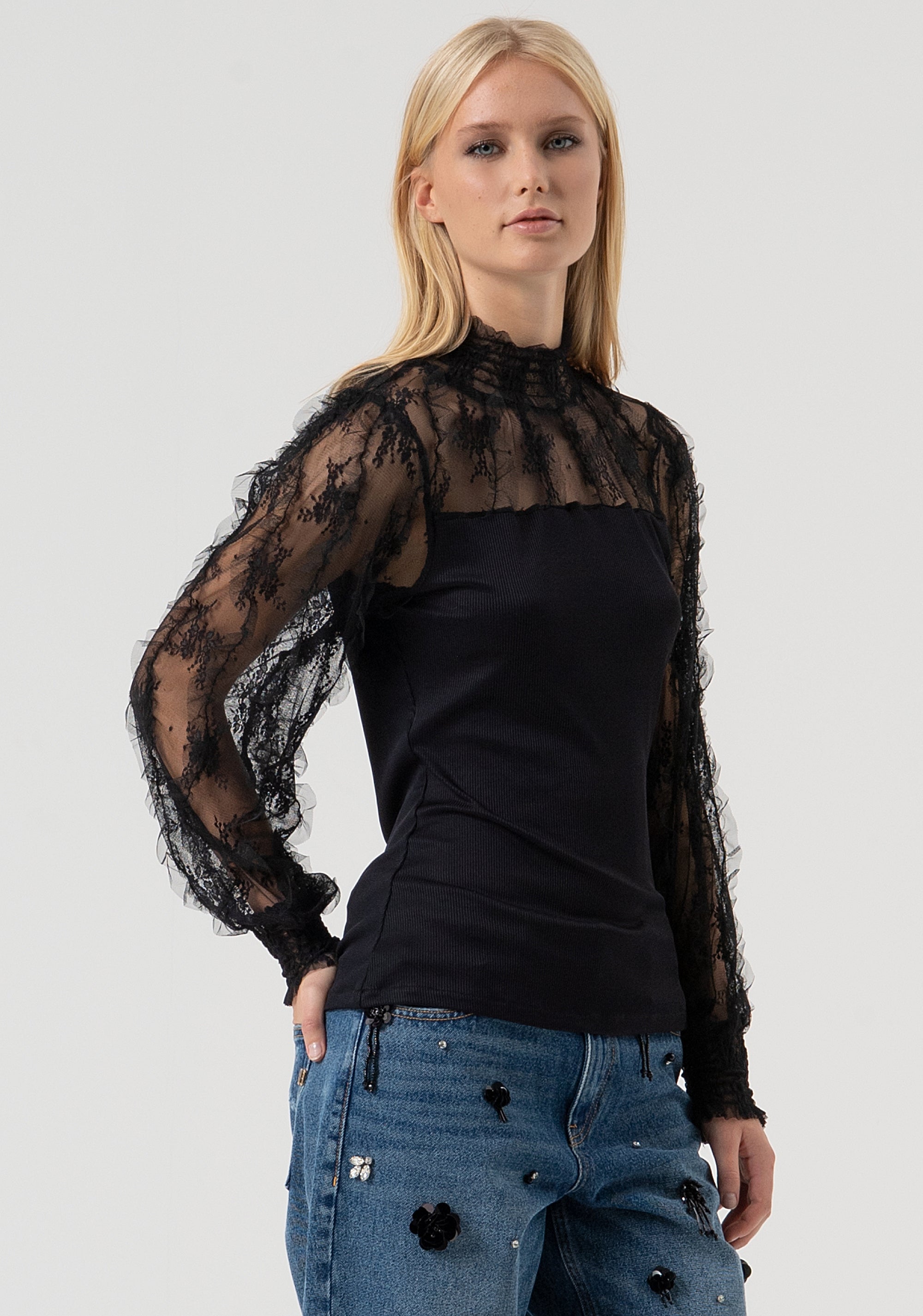 Blusa slim con inserti in pizzo FR25WT1001J463G1-053 Fracomina