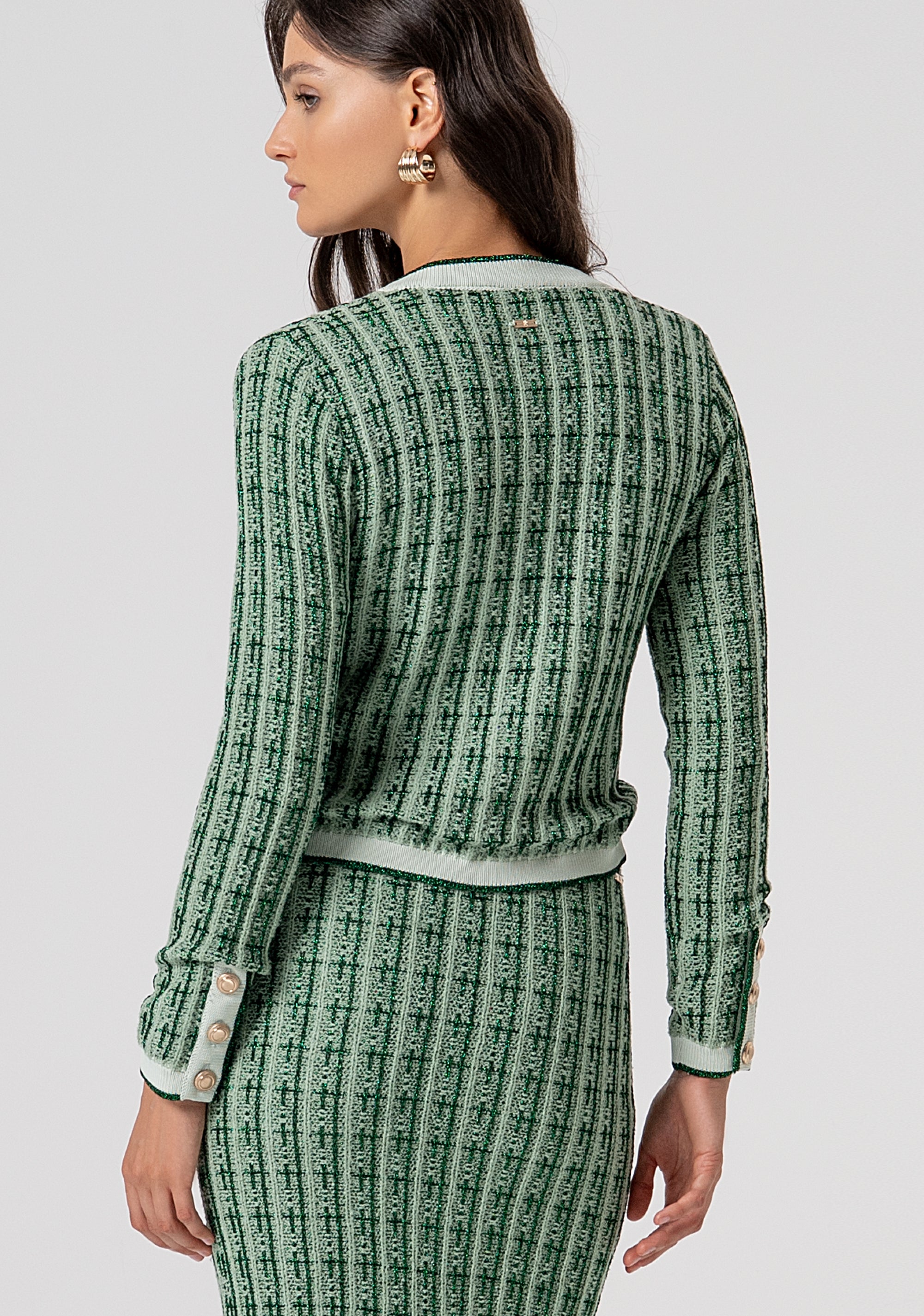Cardigan Corto in Maglia Bicolore con Bottoni Dorati