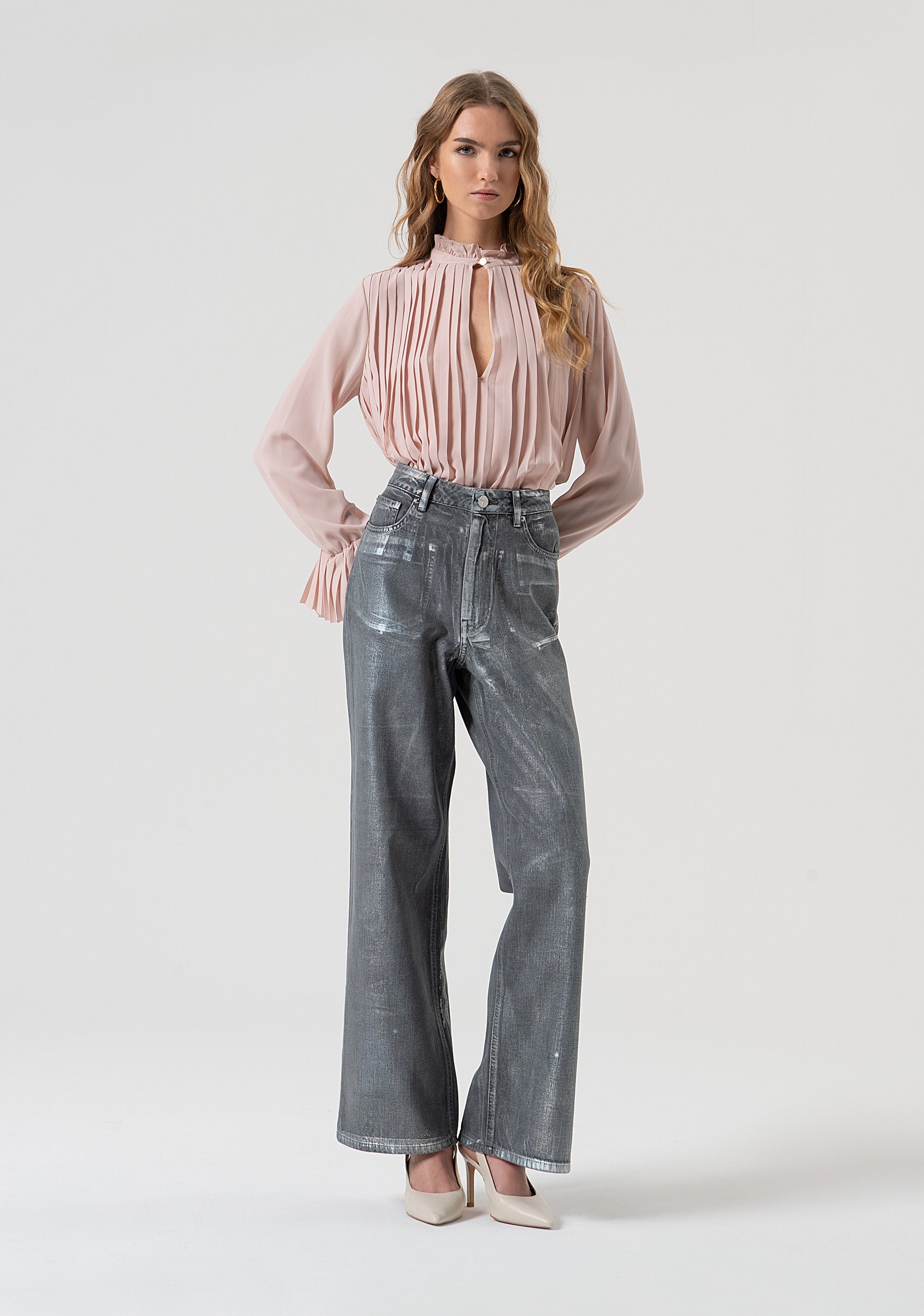 Jeans wide leg in cotone con spalmatura mylar FR25WV2007D419O8-T59 Fracomina