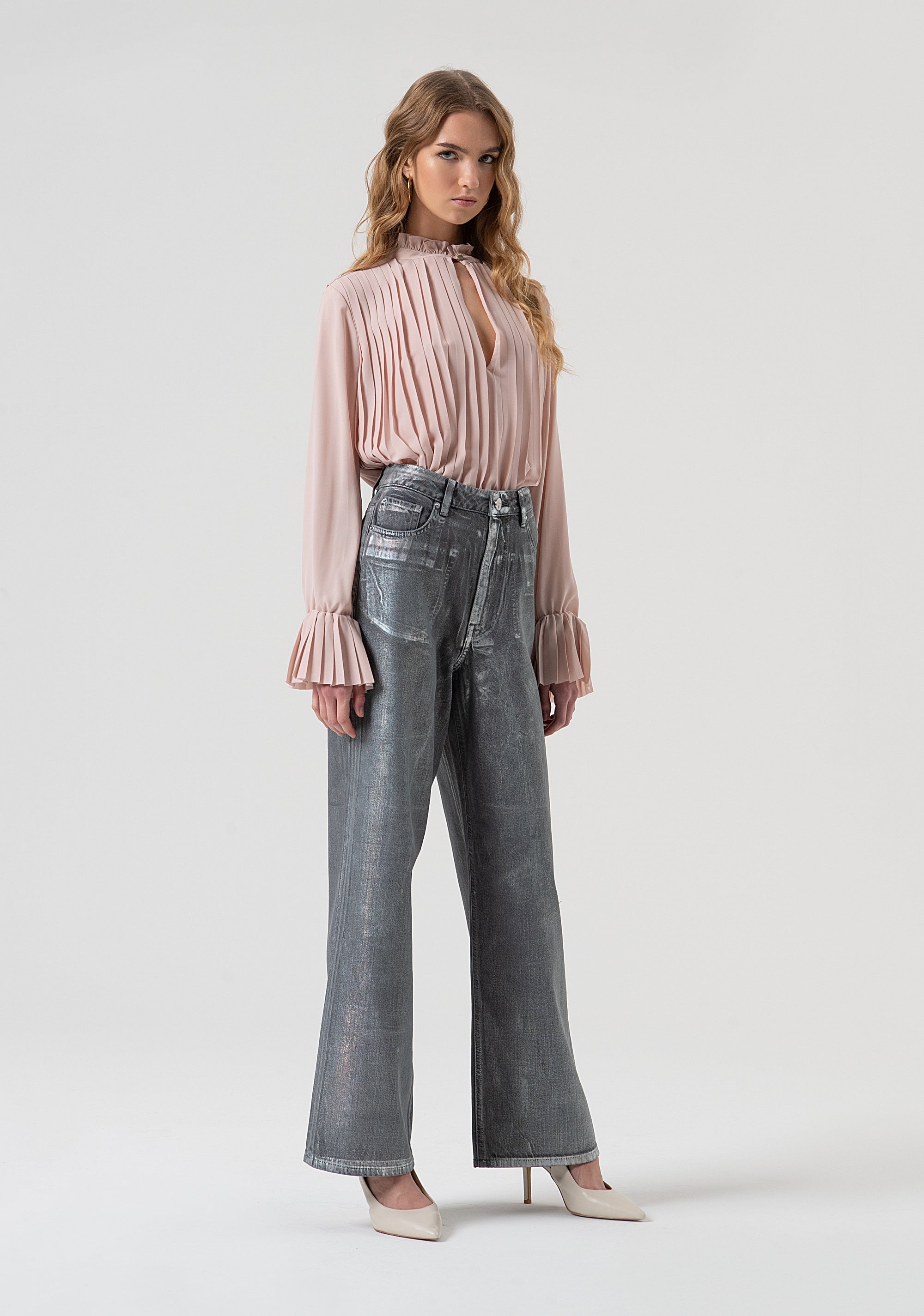 Jeans wide leg in cotone con spalmatura mylar FR25WV2007D419O8-T59 Fracomina