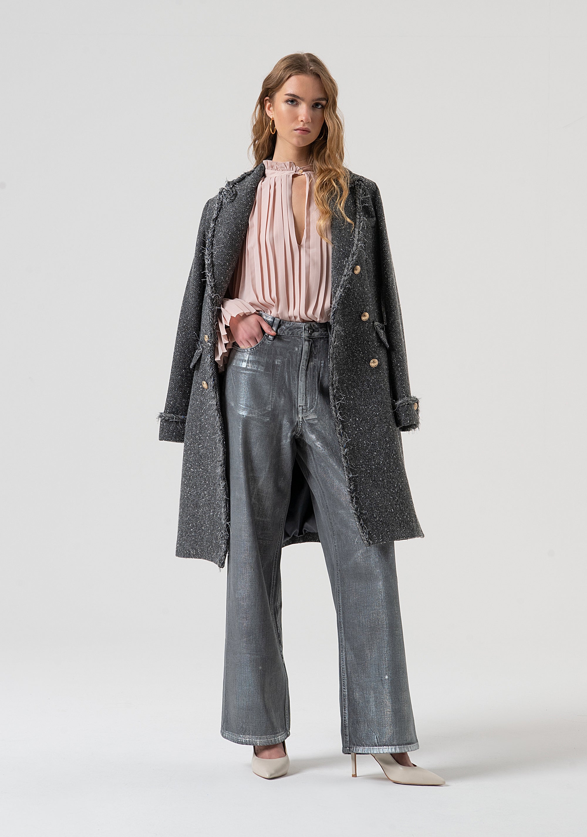 Jeans wide leg in cotone con spalmatura mylar FR25WV2007D419O8-T59 Fracomina