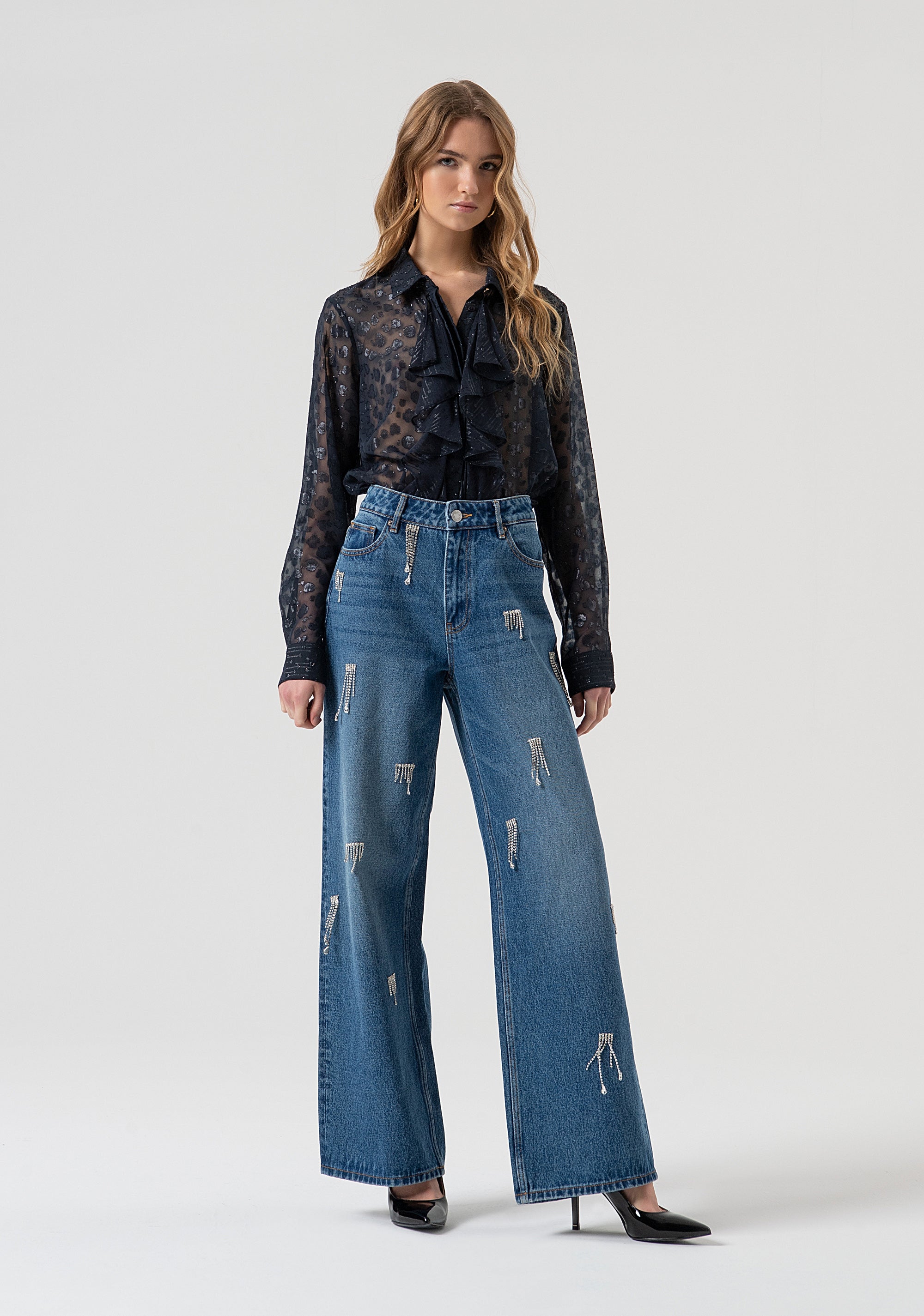 Jeans flare in denim con lavaggio medio e strass luminosi FR25WV2008D41902-349 Fracomina