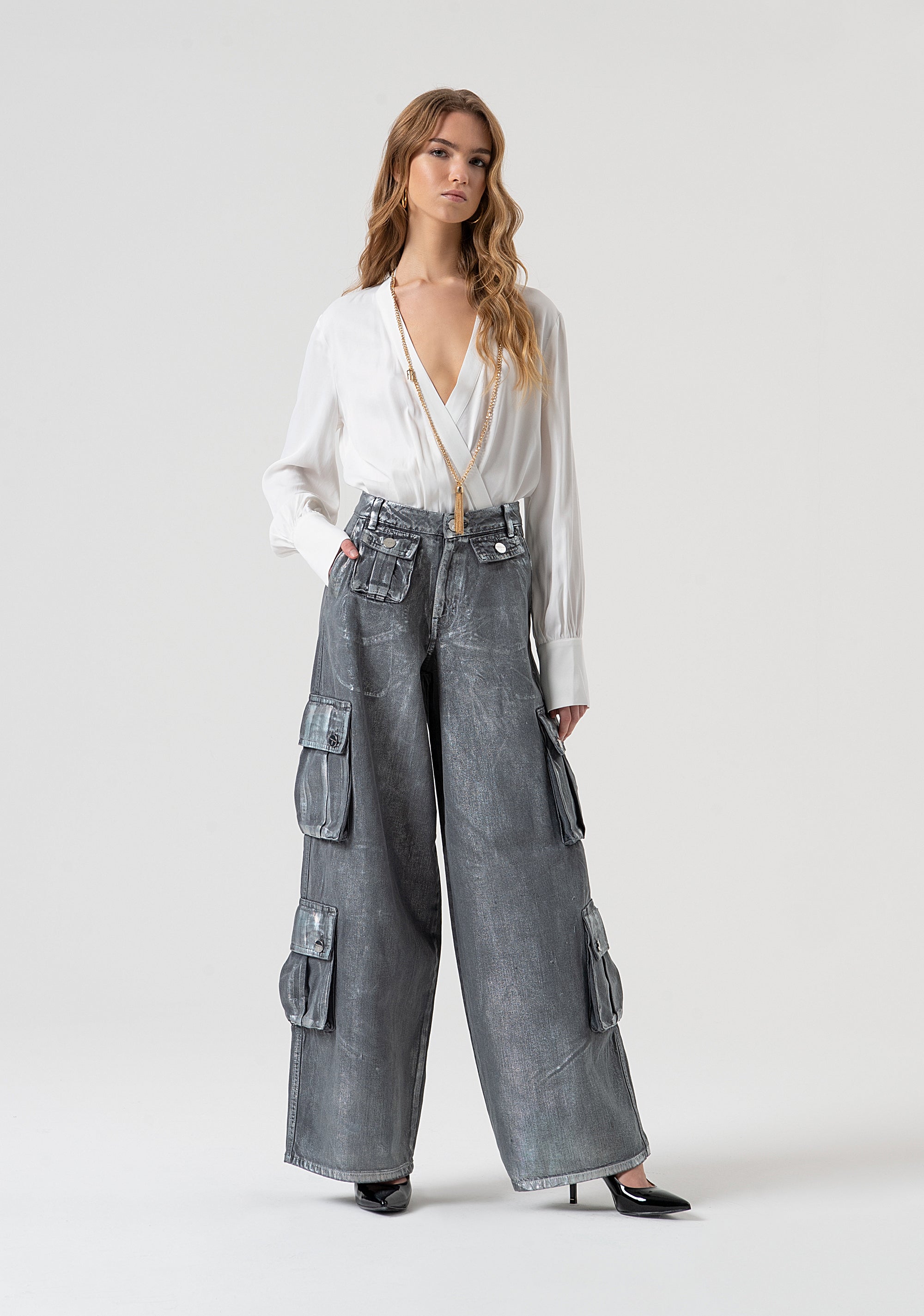 Jeans baggy cargo in denim con spalmatura FR25WVC006D419O8-T59 Fracomina