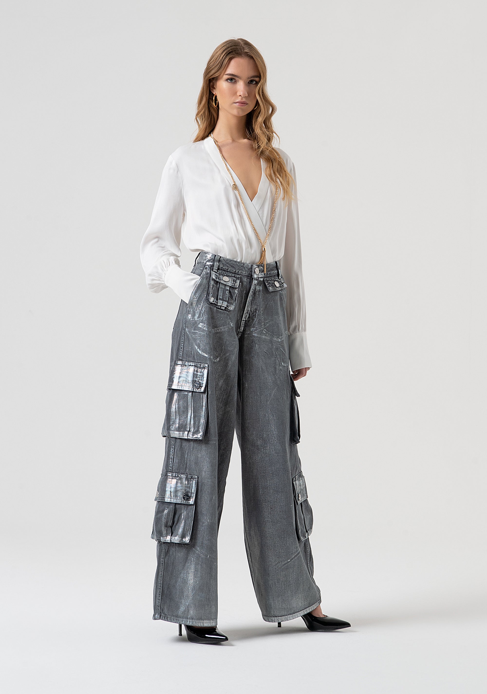 Jeans baggy cargo in denim con spalmatura FR25WVC006D419O8-T59 Fracomina