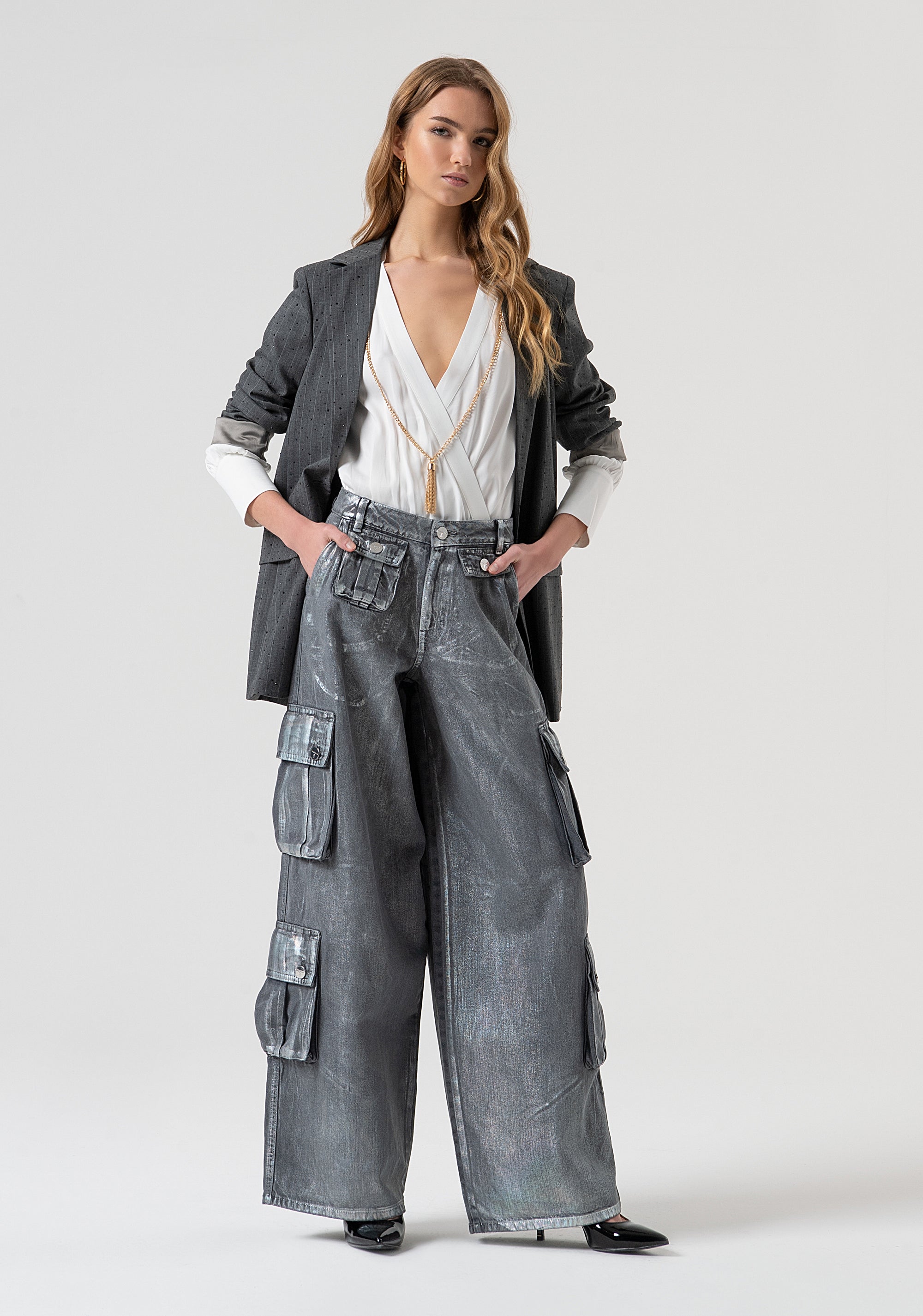 Jeans baggy cargo in denim con spalmatura FR25WVC006D419O8-T59 Fracomina