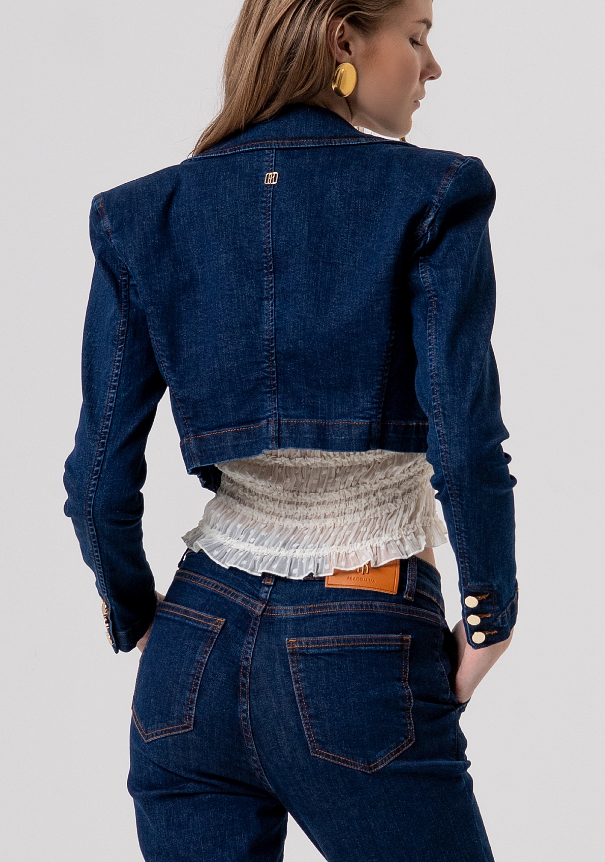 Blazer Crop in Denim con Spalline Strutturate