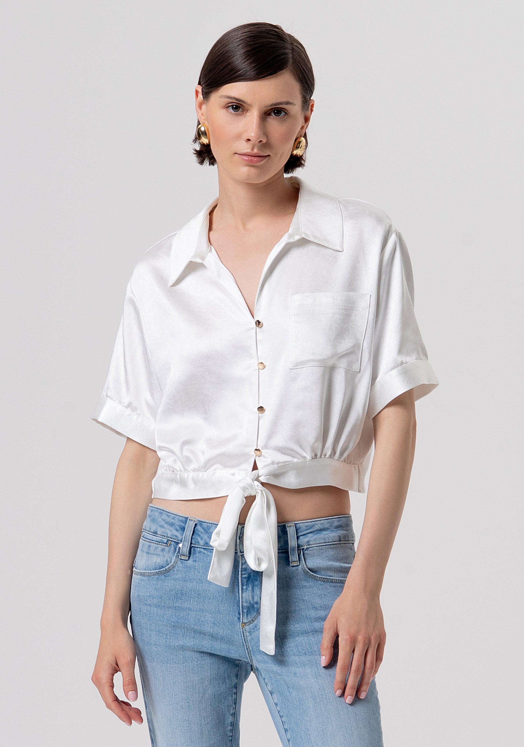 Camicia cropped in raso con nodo FR26ST6036W41101-108 Fracomina