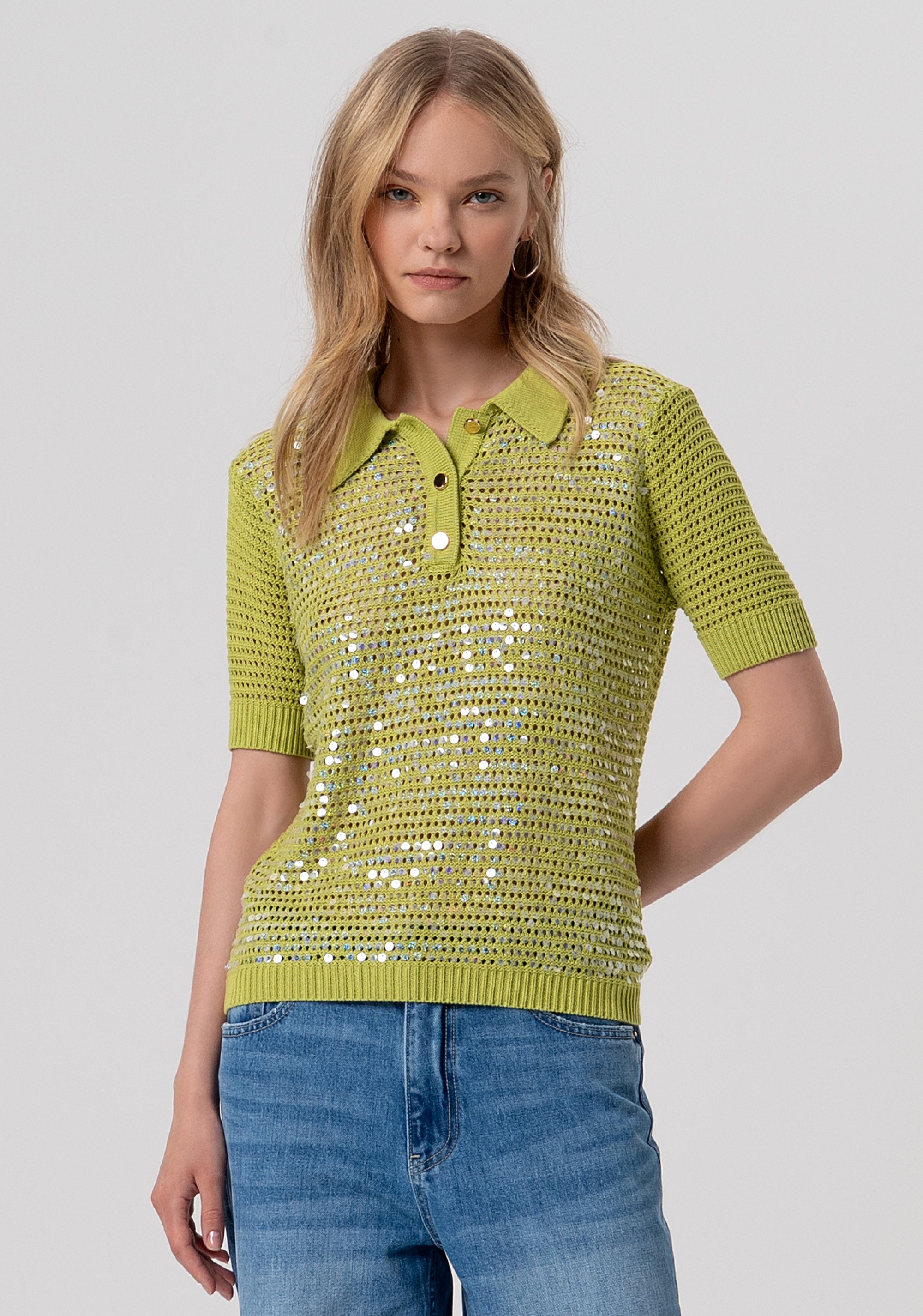 Polo regular in maglia con punto rete e paillettes FR26ST7022K525R9-813 Fracomina