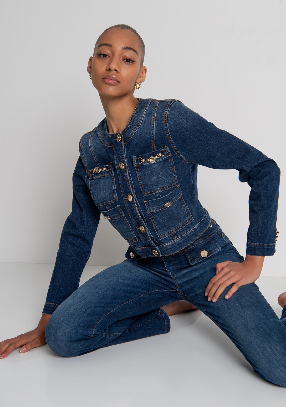 Giacca slim cropped in denim con lavaggio medio FR26WJ4012D47602 FRACOMINA