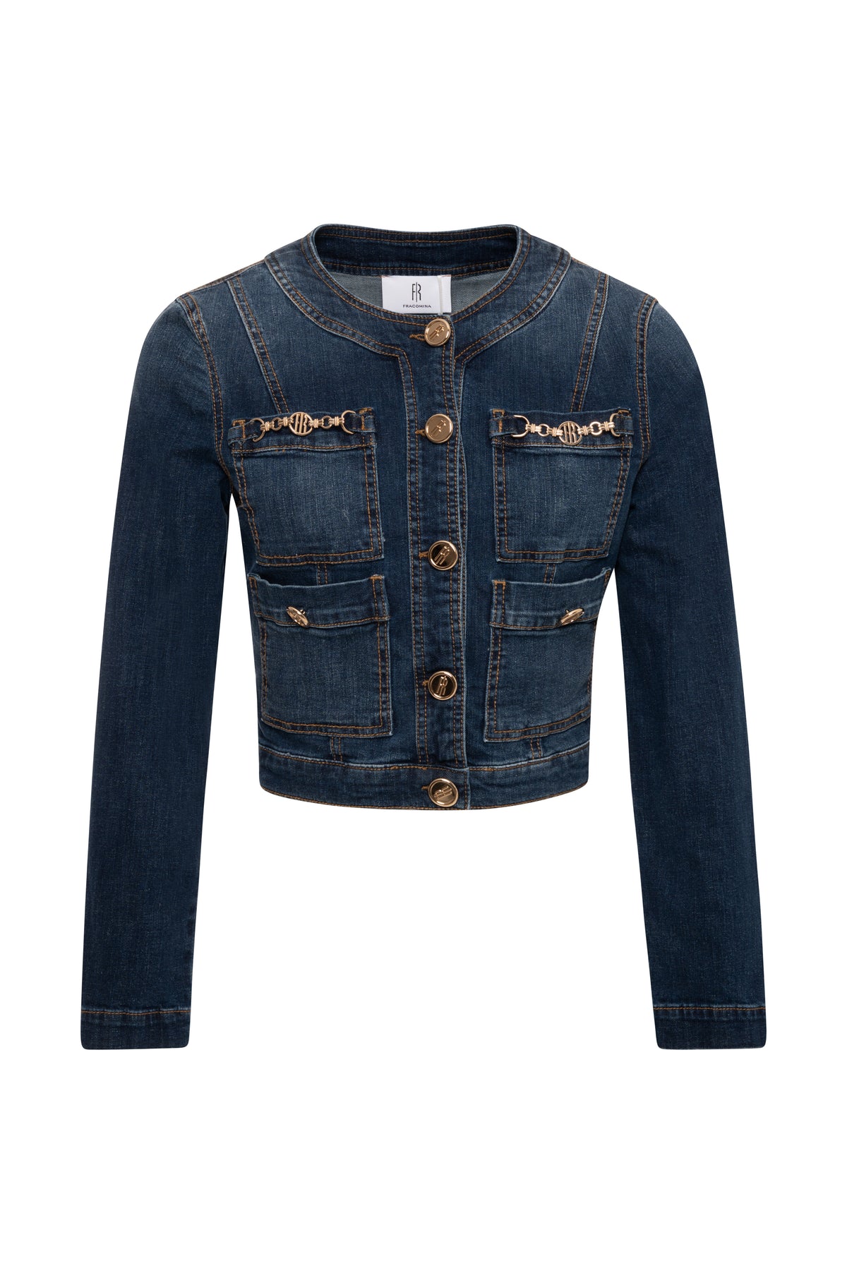 Giacca slim cropped in denim con lavaggio medio FR26WJ4012D47602 FRACOMINA