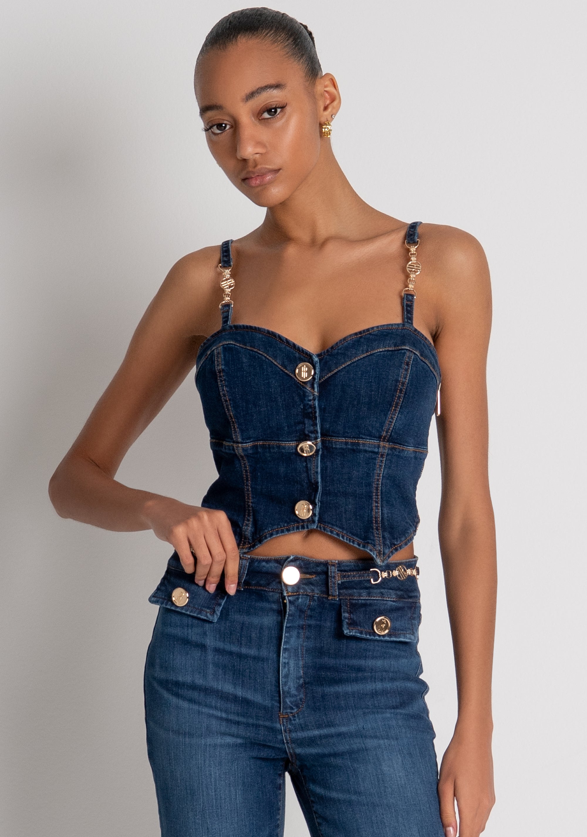 Bustier slim cropped in denim con lavaggio medio FR26WJ5014D47602 FRACOMINA