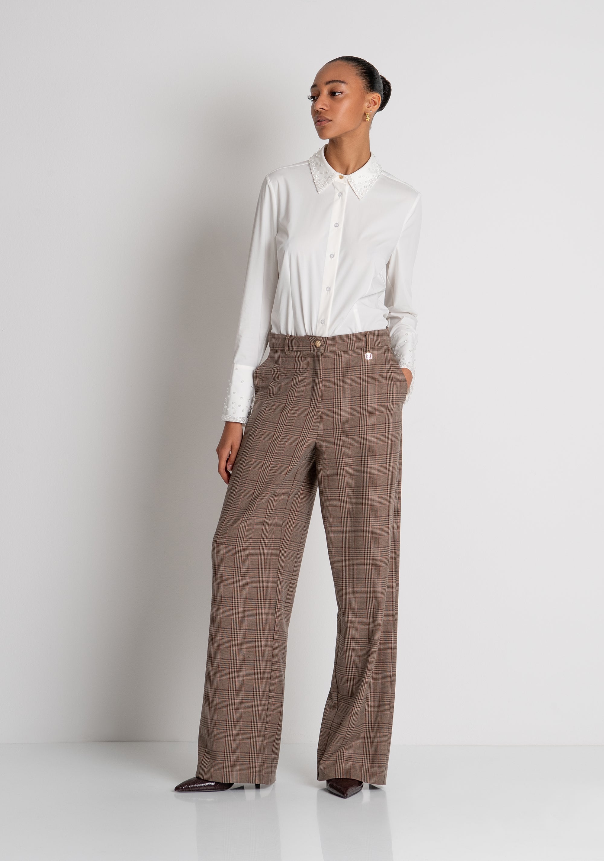 Pantalone linea dritta in tessuto in fantasia Principe di Galles FR26WV2005W57595 FRACOMINA