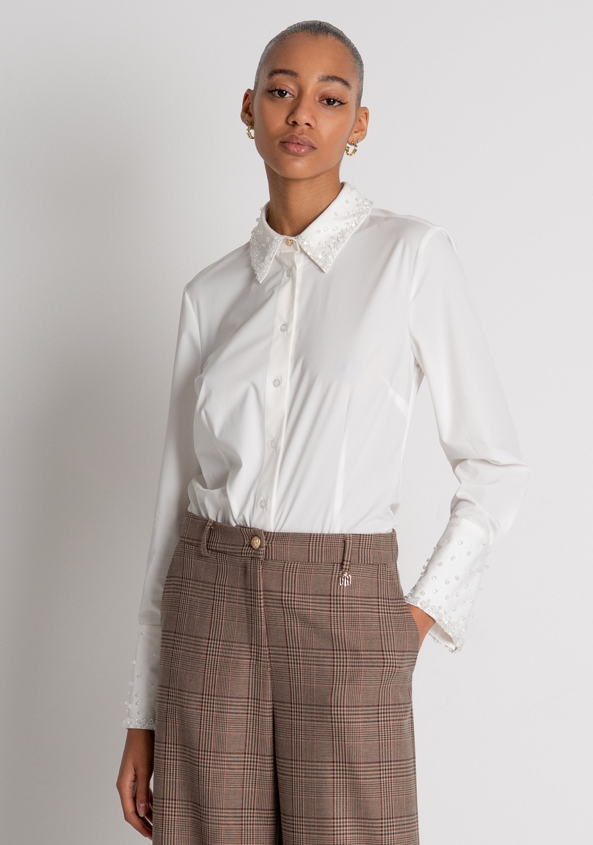 Pantalone linea dritta in tessuto in fantasia Principe di Galles FR26WV2005W57595 FRACOMINA