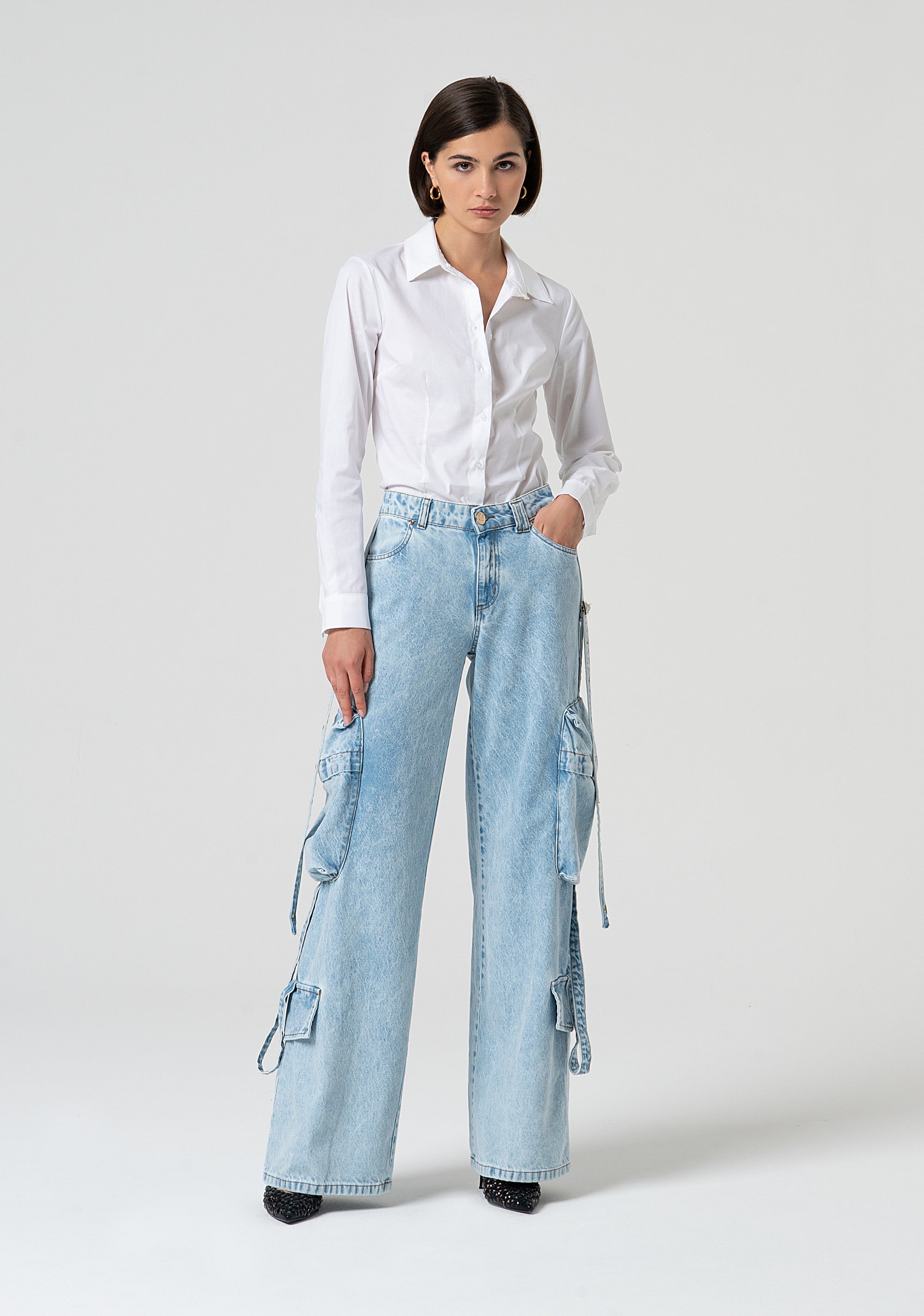 Jeans cargo wide leg in denim con lavaggio bleached FS25SVC004D40093-378 Fracomina