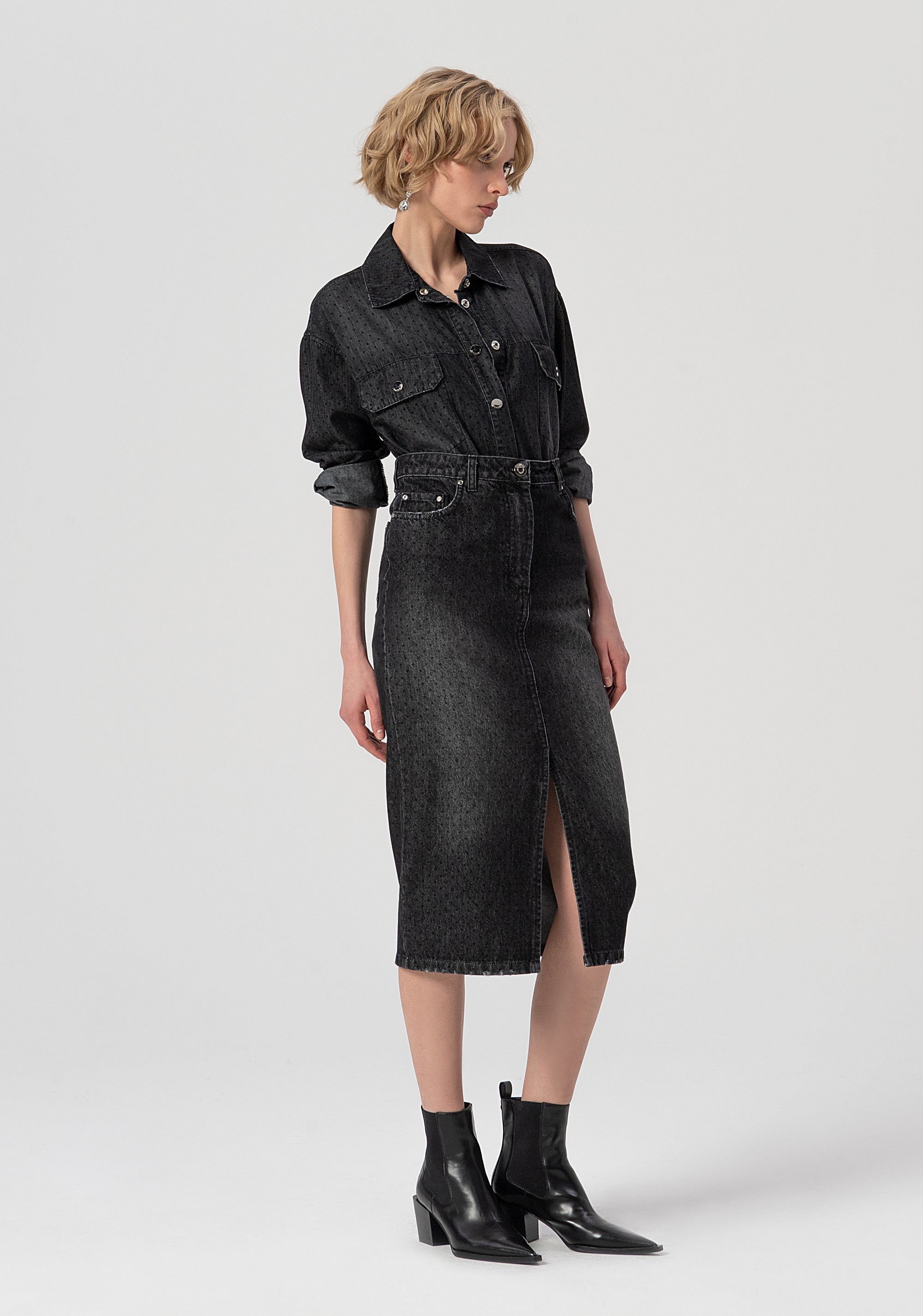 Gonna slim midi in denim nero con lavaggio medio FS25WG5001D40001-553 Fracomina