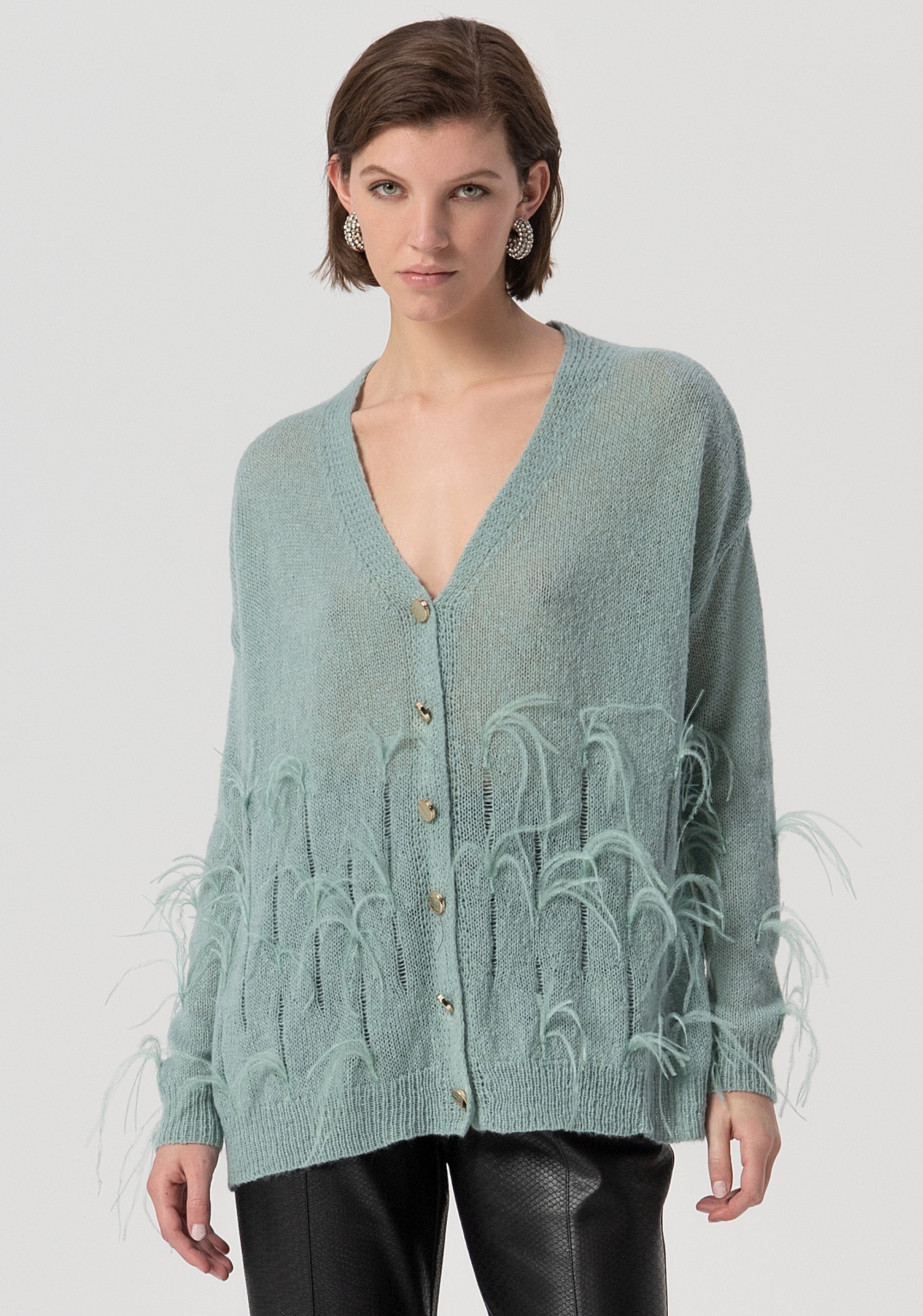 Cardigan over con piume applicate FS25WT8006K50501-806 Fracomina