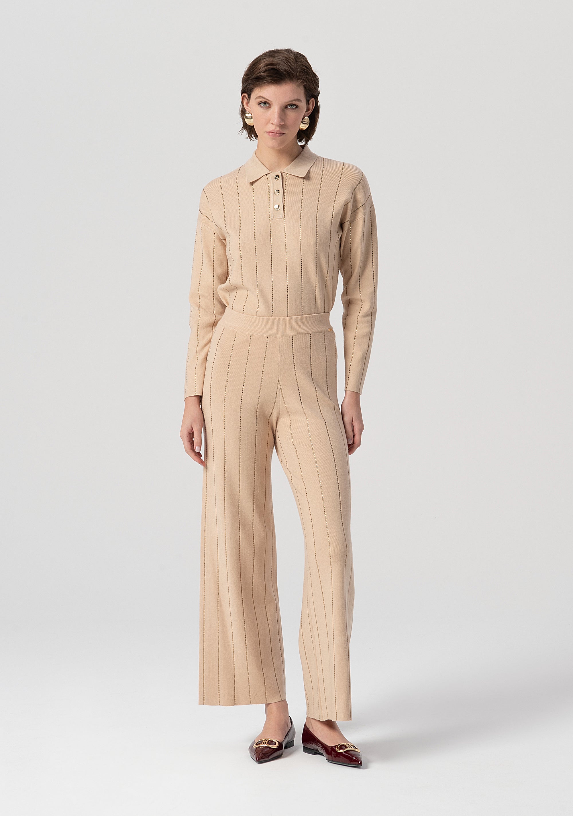 Pantalone flare a palazzo in maglia a coste con strass applicati FS25WV3002K50401-050 Fracomina