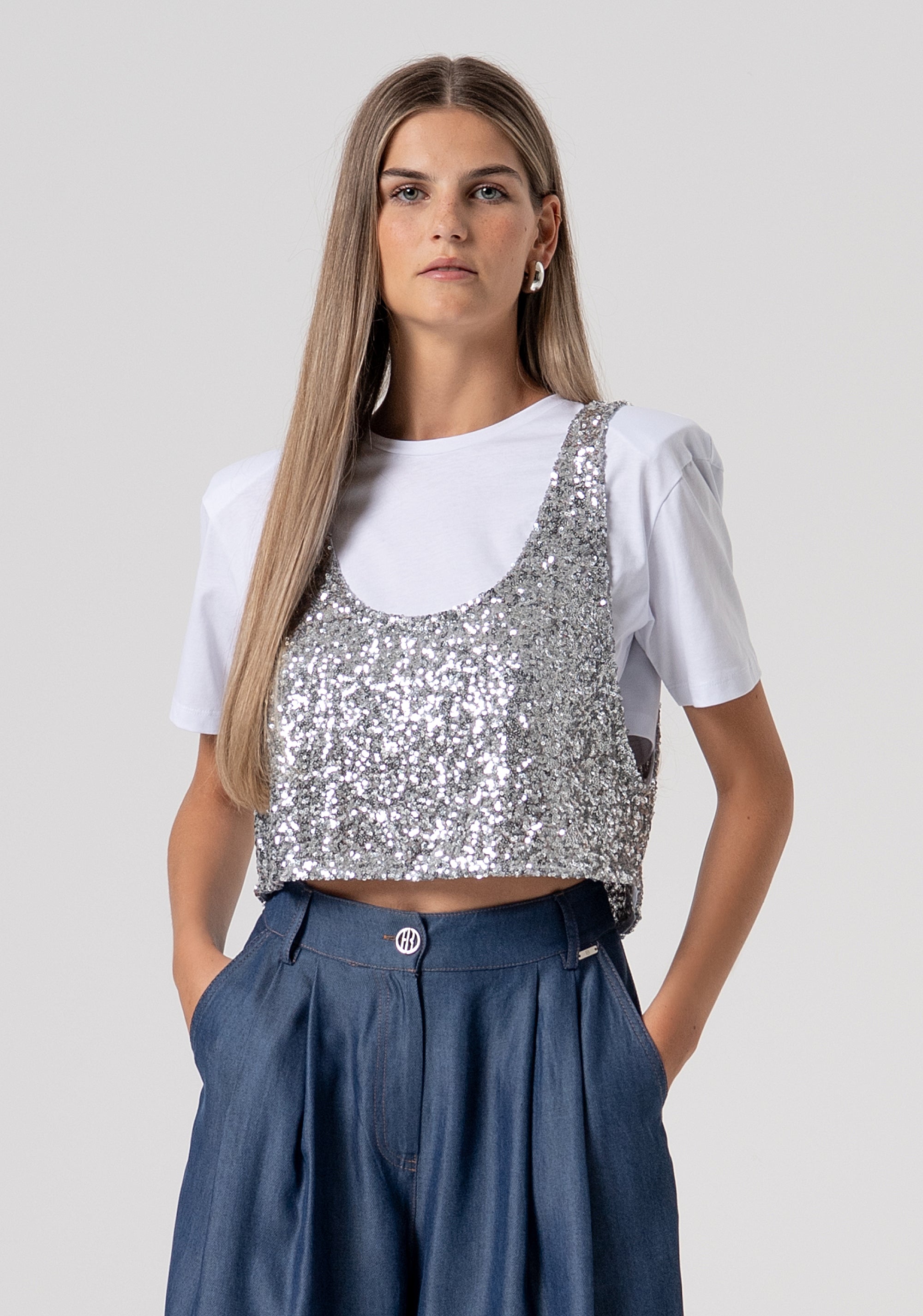 T-shirt cropped con canotta in paillettes FS26ST3003W795N6-559 Fracomina