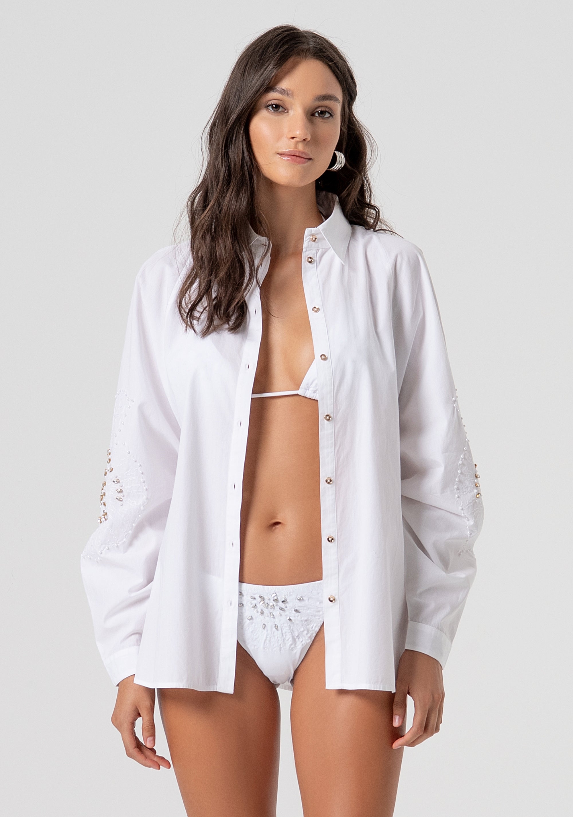 Camicia over in popeline con pietre luminose FV26ST6002W430E5-278 Fracomina