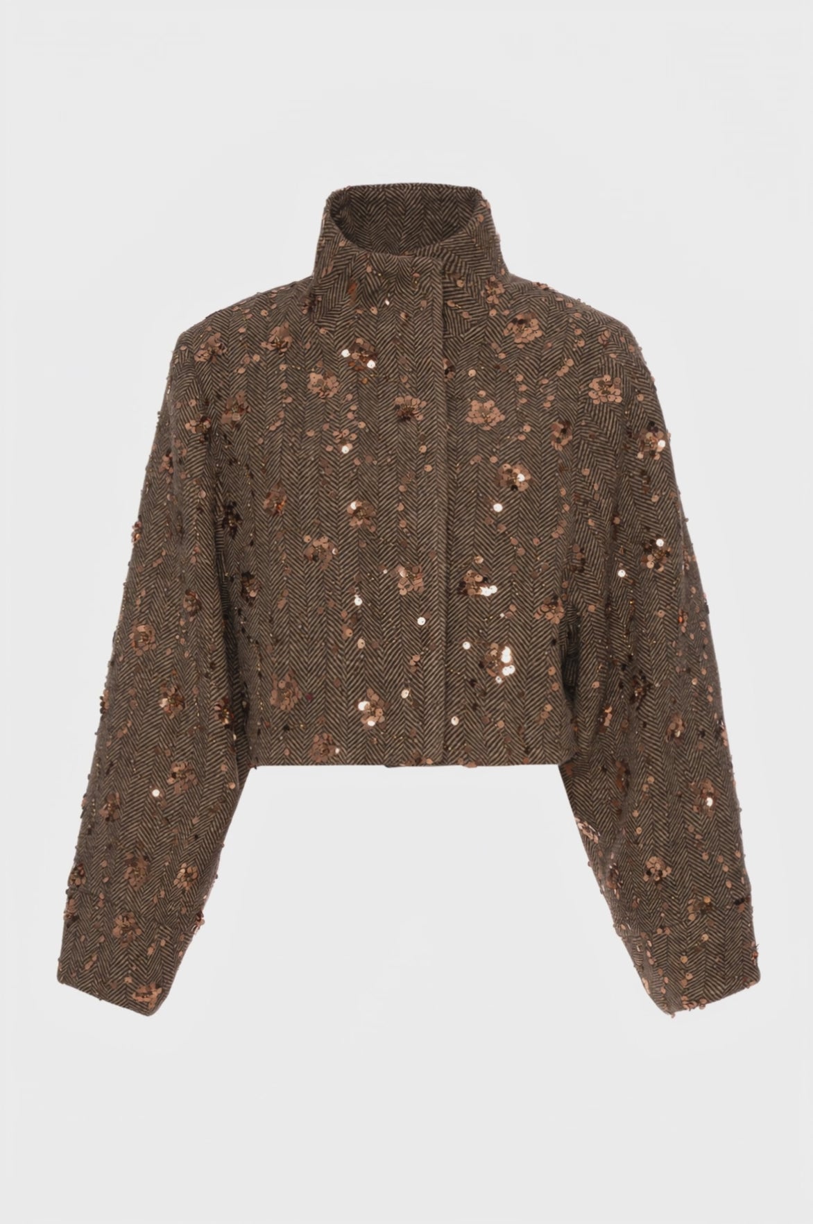 Cappotto cropped in tessuto spigato con paillettes