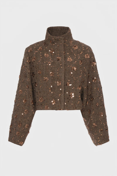 Cappotto cropped in tessuto spigato con paillettes