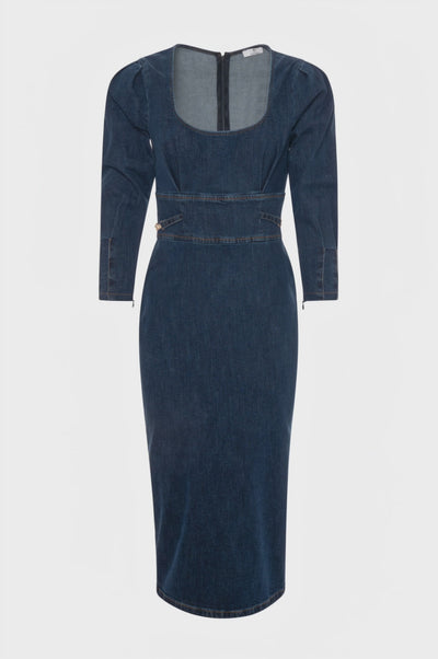 Abito slim midi in denim con lavaggio medio