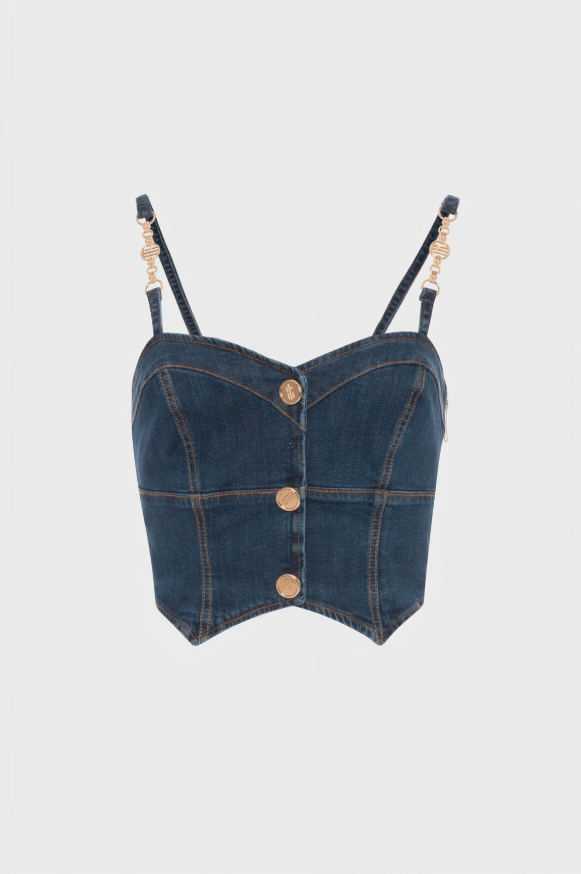 Bustier slim cropped in denim con lavaggio medio