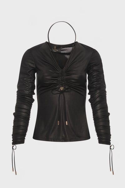 Blusa slim in tessuto finta pelle
