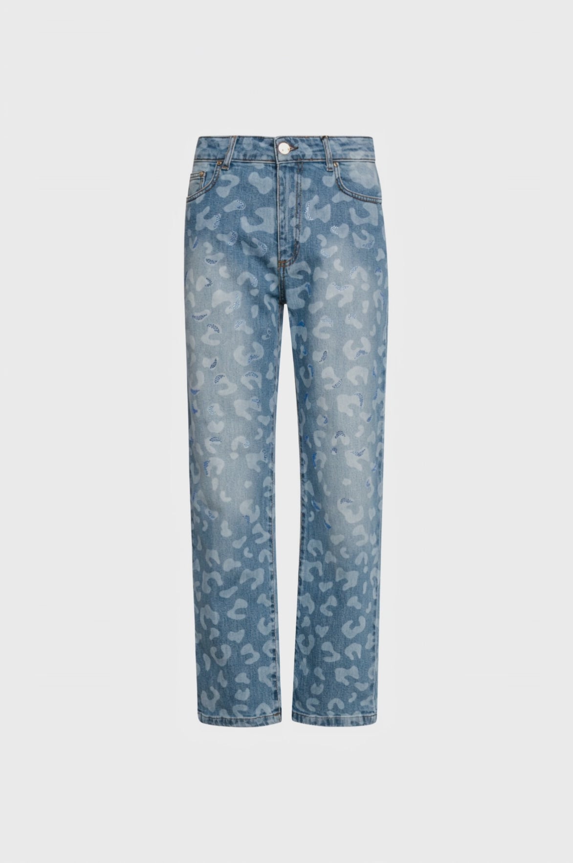 Jeans wide leg in denim con lavaggio chiaro e fantasia animalier