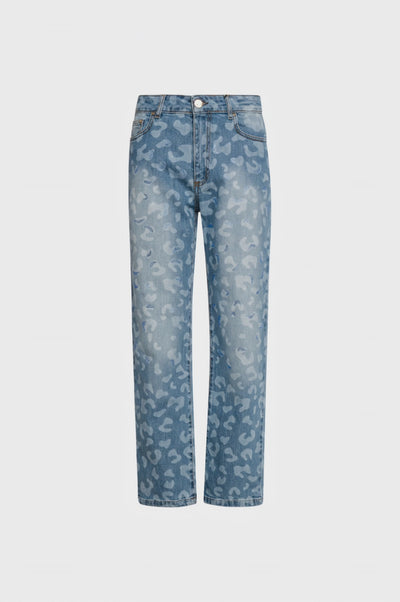 Jeans wide leg in denim con lavaggio chiaro e fantasia animalier