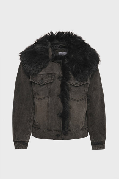 Giacca regular in denim black con lavaggio medio e con finta pelliccia
