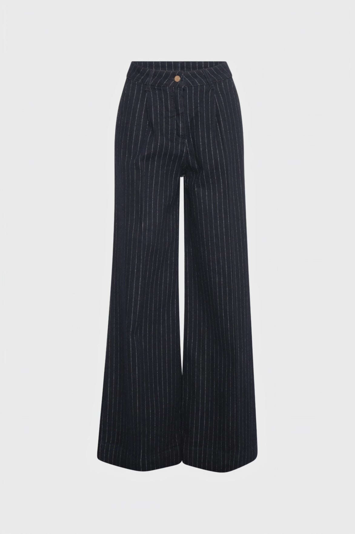 Jeans flare modello chino in denim gessato con lavaggio medio